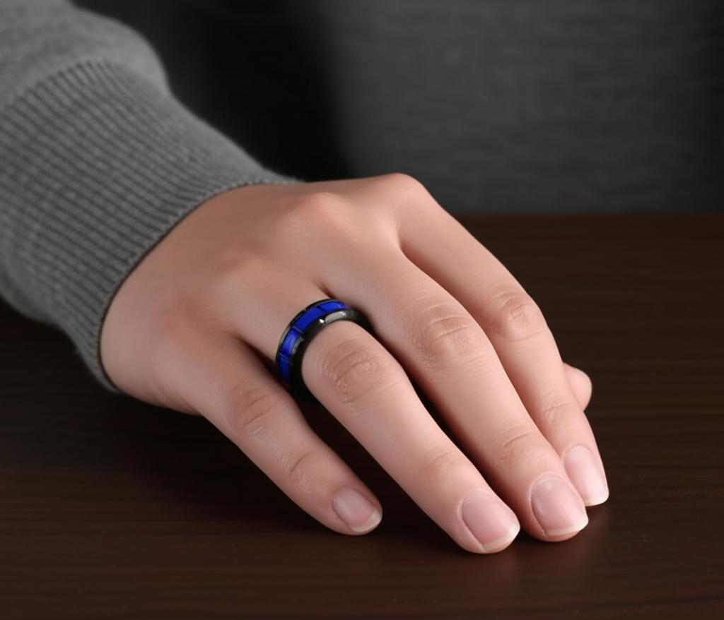 ACRE 7MM Black Tungsten Comfort Fit Ring with Blue Ceramic T-Link Design Center