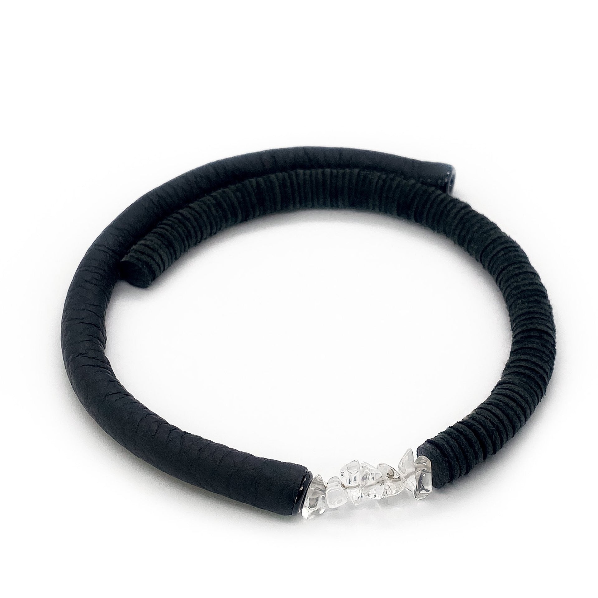 Black Leather Choker With Clear Quartz Crystals