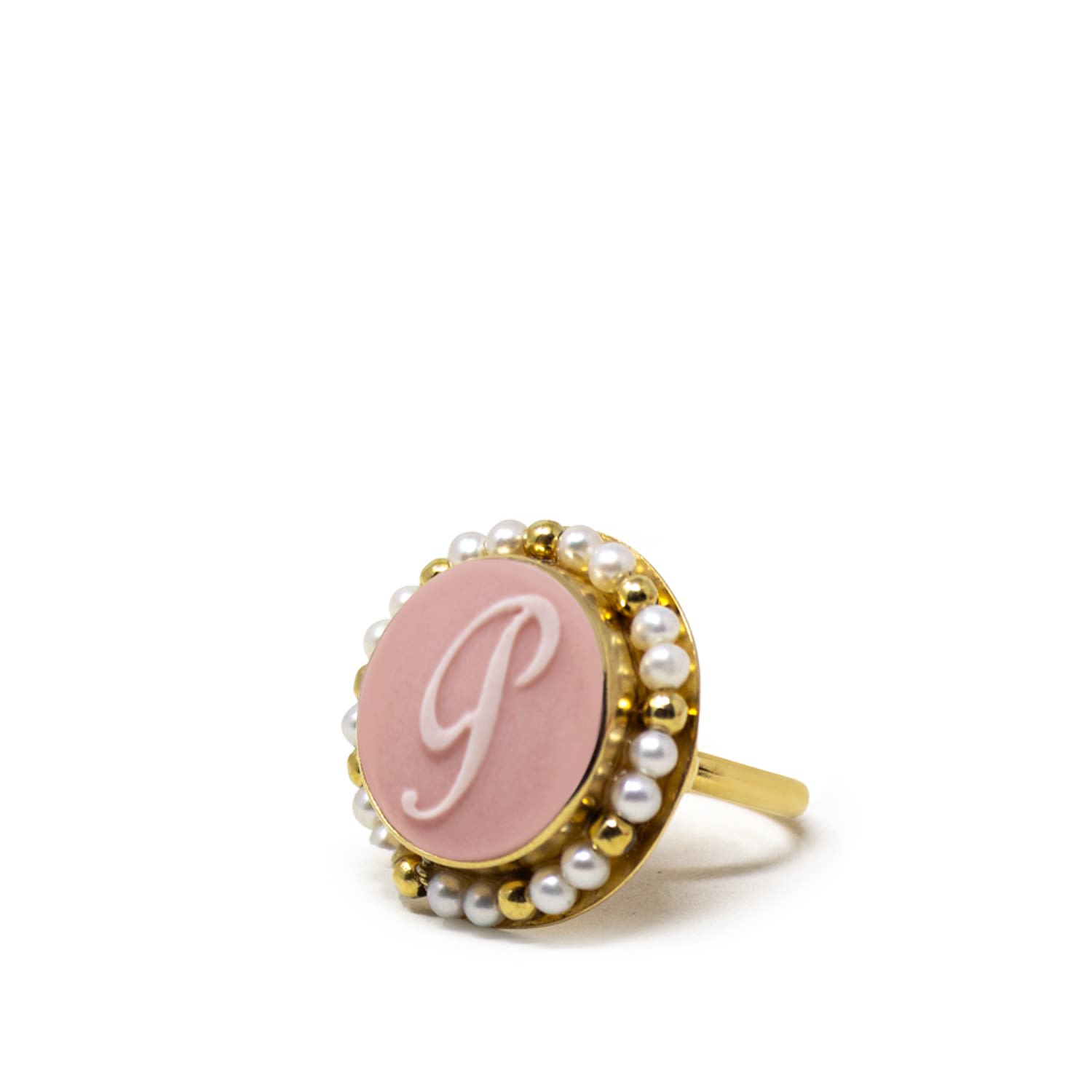 Pink Initial P Cameo Ring With Pearls