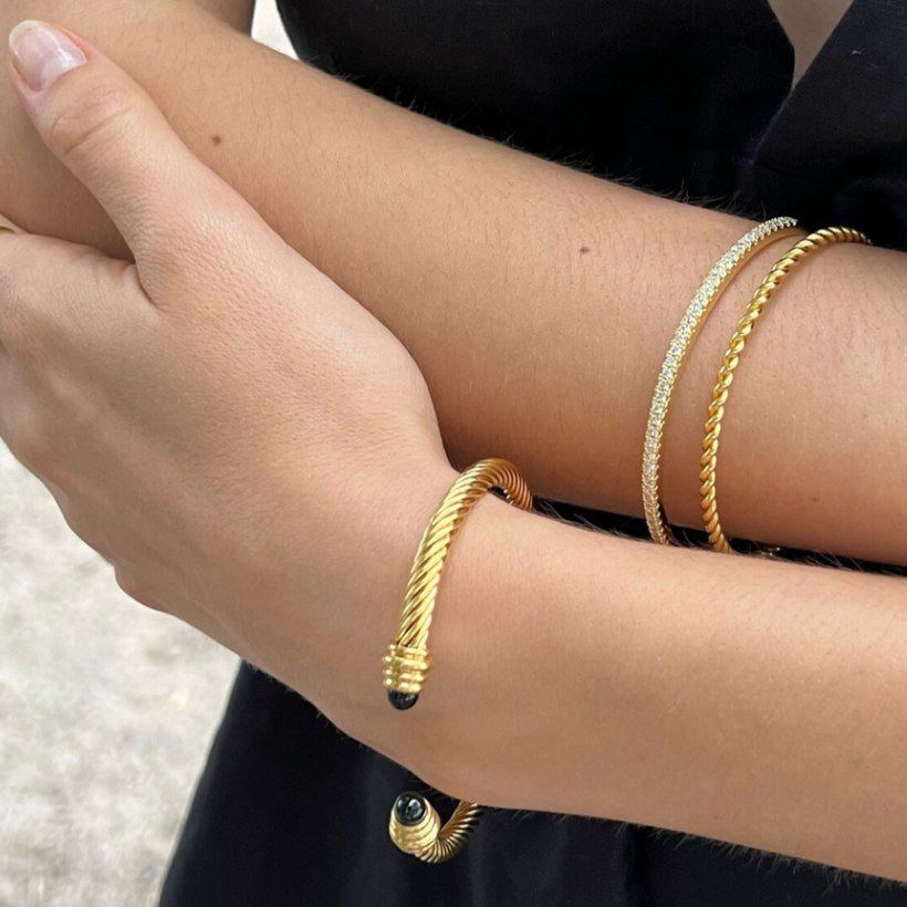 Gold Twist Onyx Statement Bangle