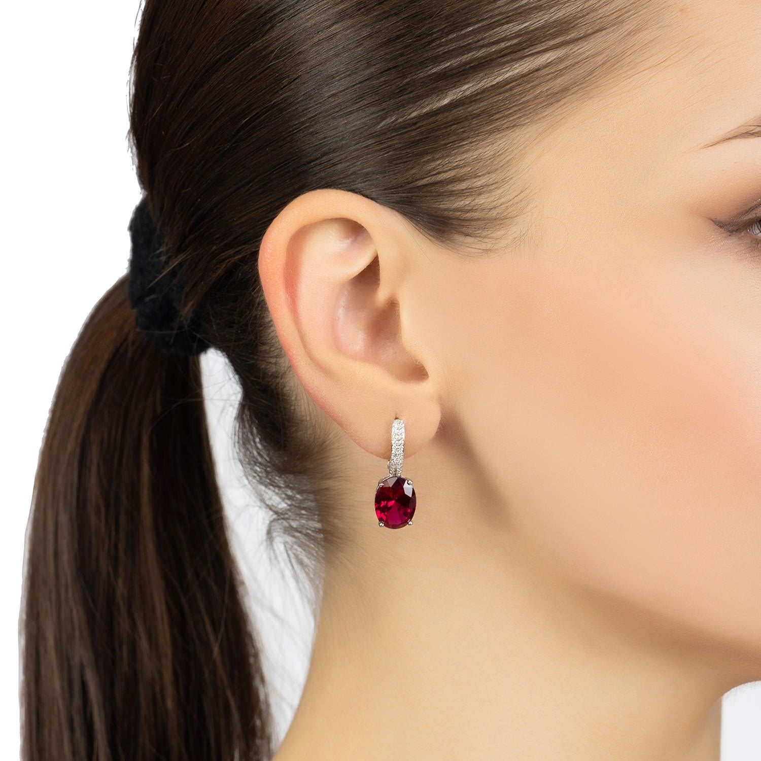 Alexandra Oval Drop Earrings Silver Ruby