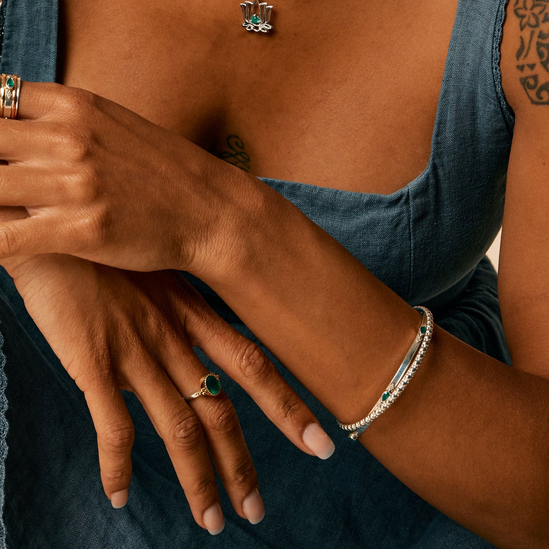 Amara Bliss Silver Stacking Bangle - Green Onyx