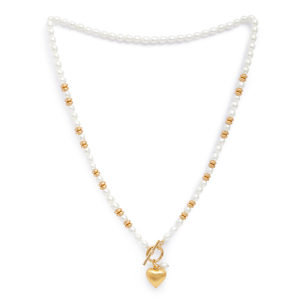 Amare White Cultured Freshwater Pearl Necklace With Gold Vermeil Heart & Gold Hematite Beads