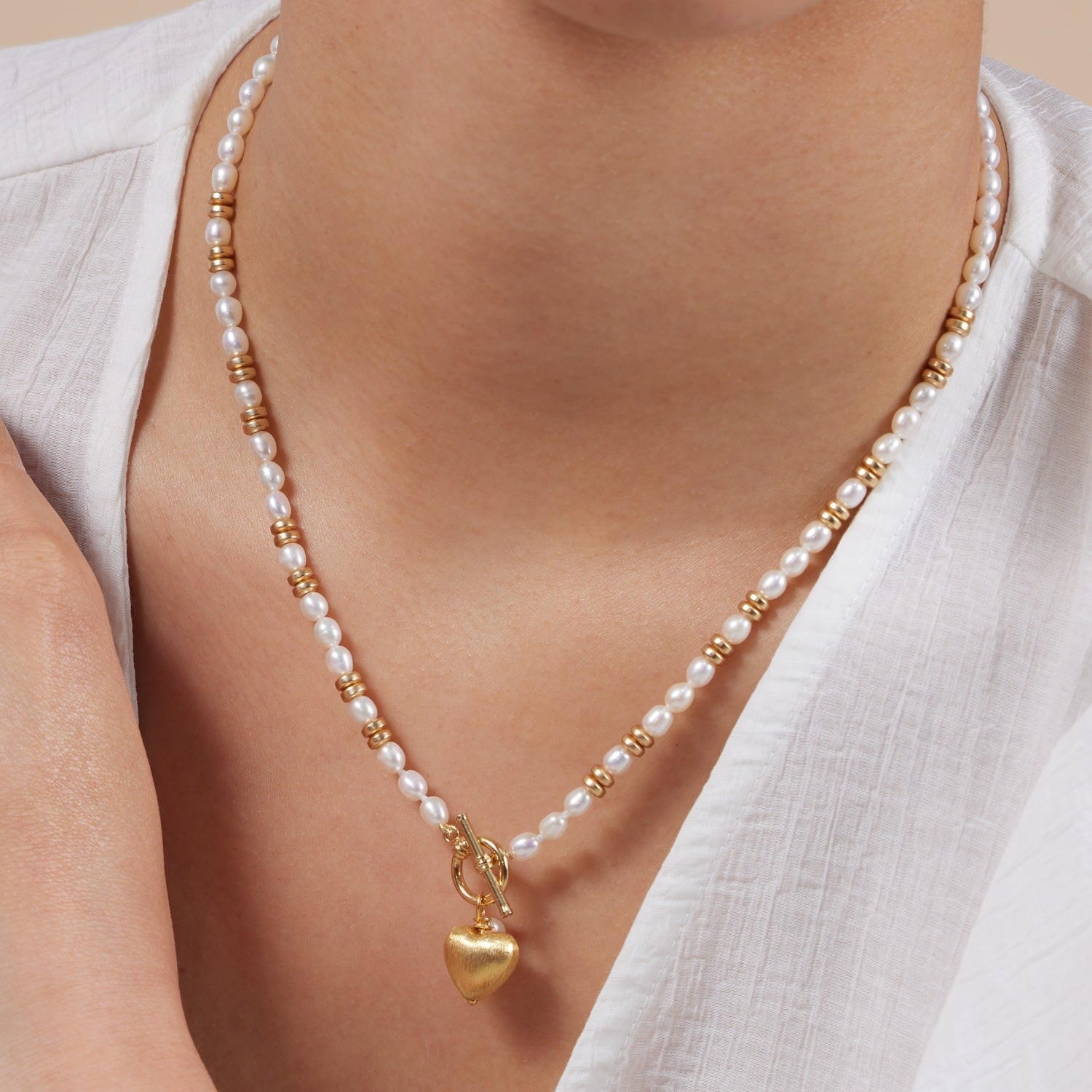 Amare White Cultured Freshwater Pearl Necklace With Gold Vermeil Heart & Gold Hematite Beads