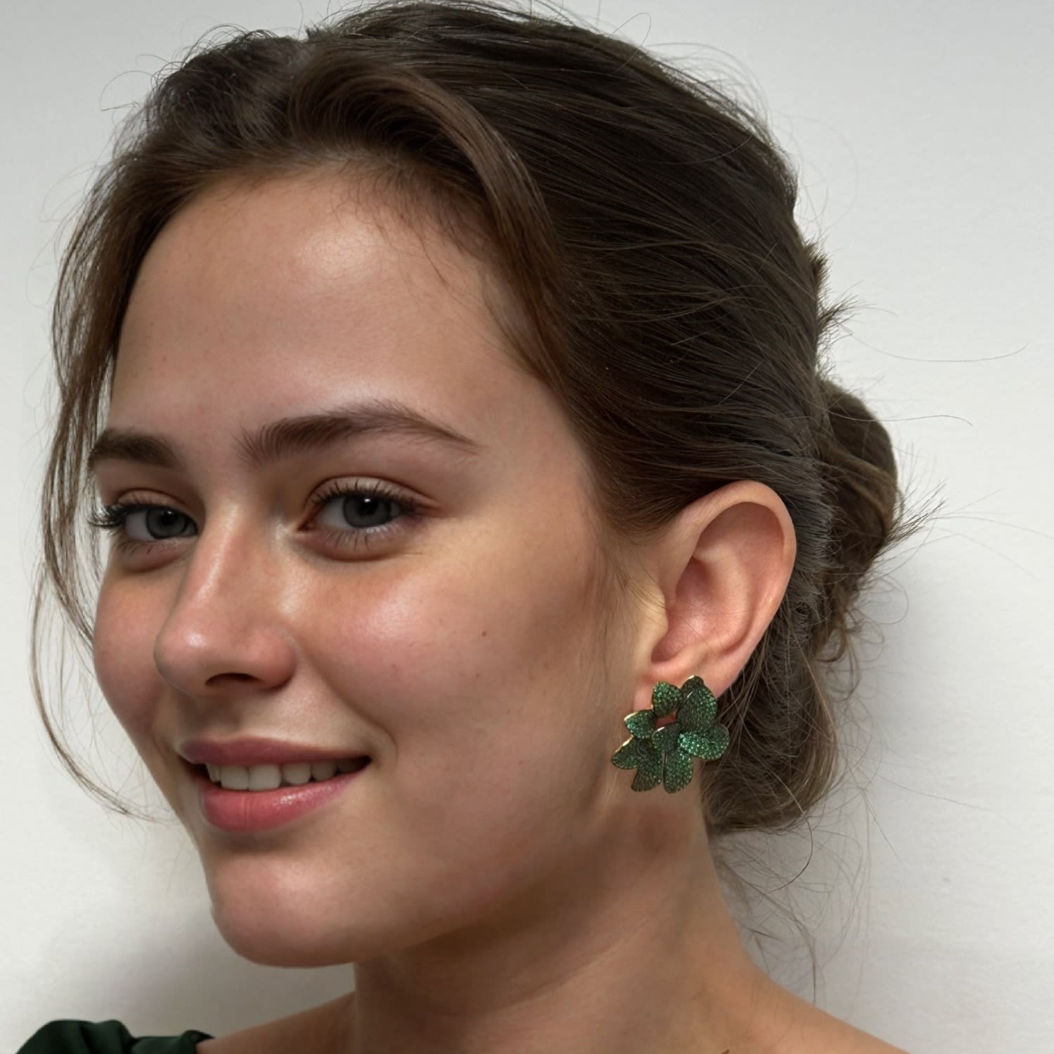 Amaryllis Flower Large Stud Earrings Gold Emerald