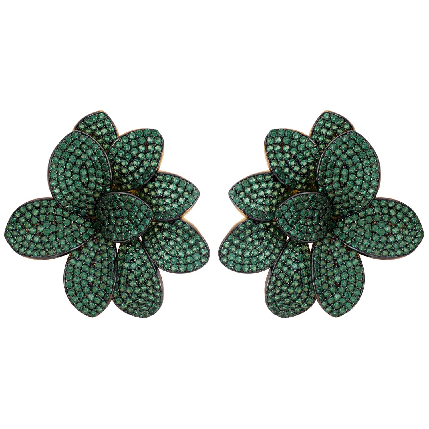 Amaryllis Flower Large Stud Earrings Gold Emerald