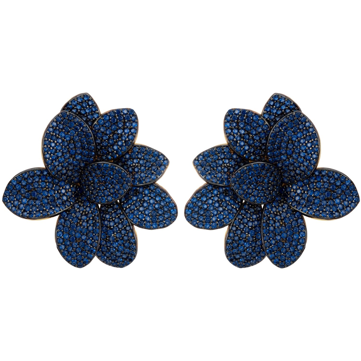 Amaryllis Flower Large Stud Earrings Gold Sapphire