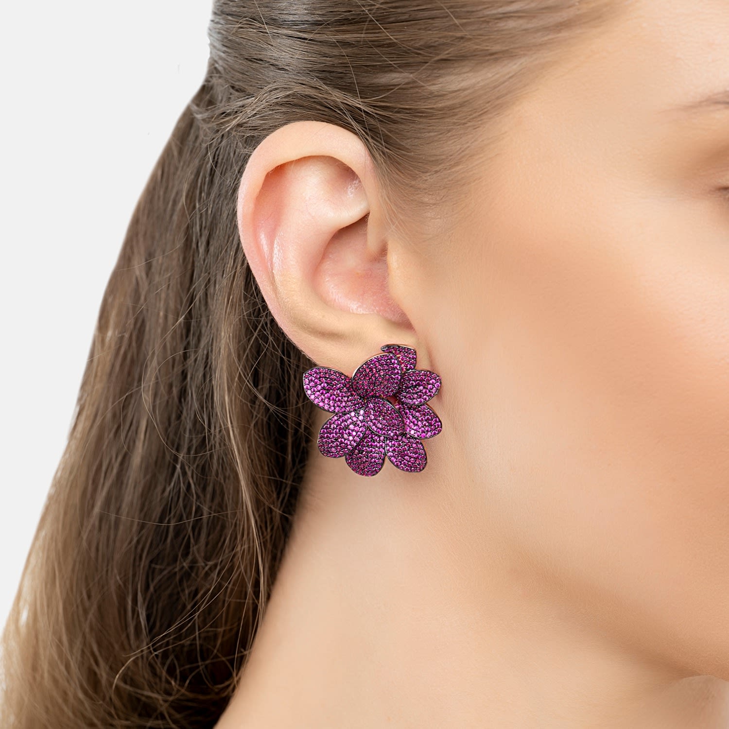 Amaryllis Flower Clip On Large Stud Earrings Rosegold Ruby