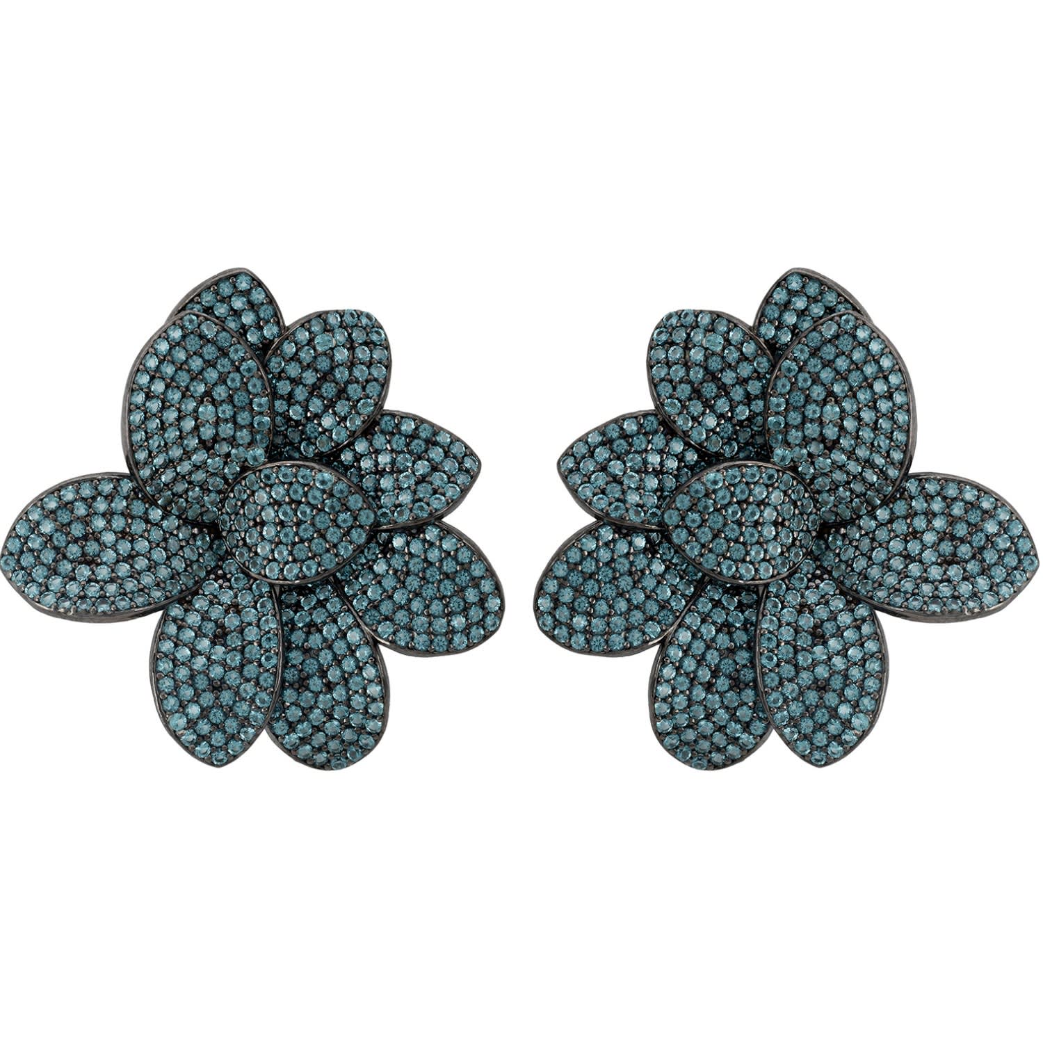 Amaryllis Flower Large Stud Earrings Silver Aqua