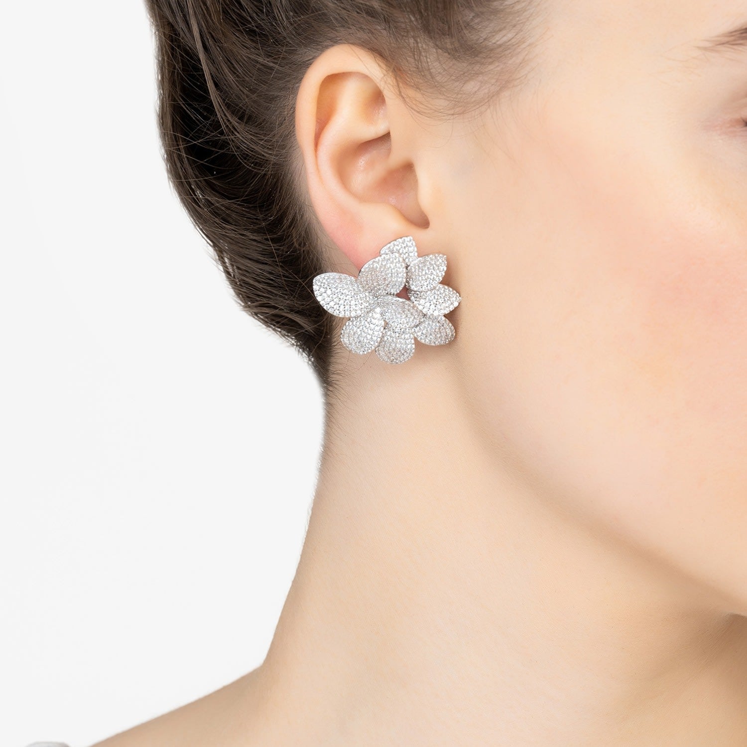 Amaryllis Flower Large Stud Earrings Silver
