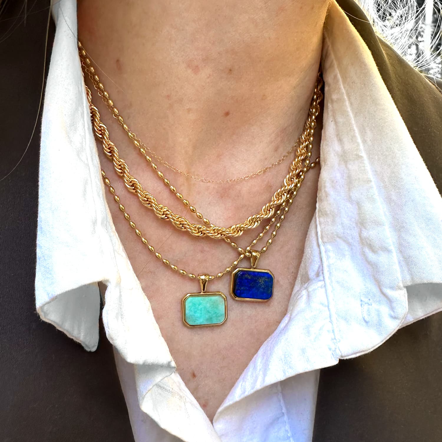 Amazonite Gemstone Green Sea Radiant Gold Statement Layering Necklace Charm