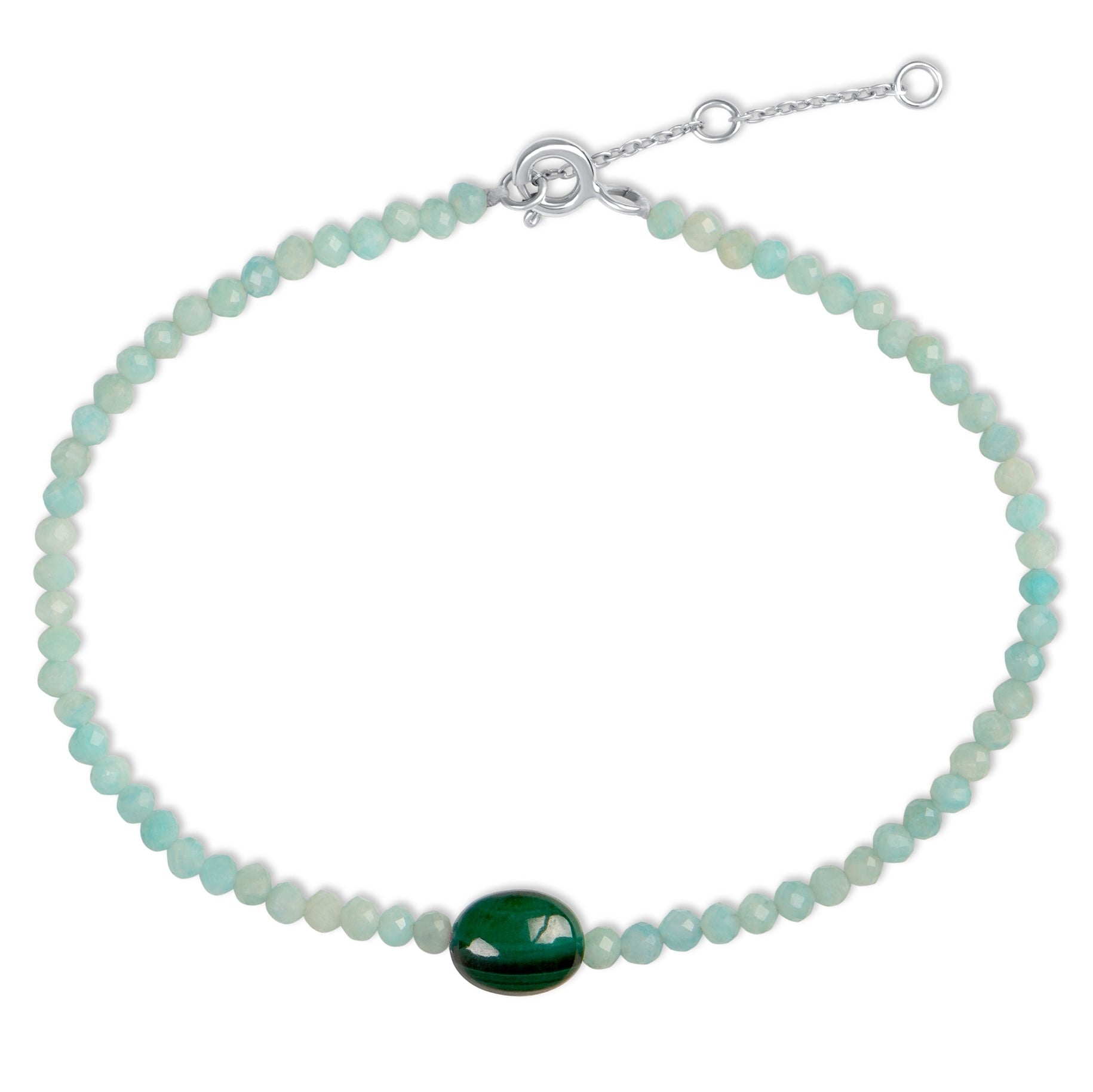 Amazonite & Malachite Beaded Bracelet Sterling Silver