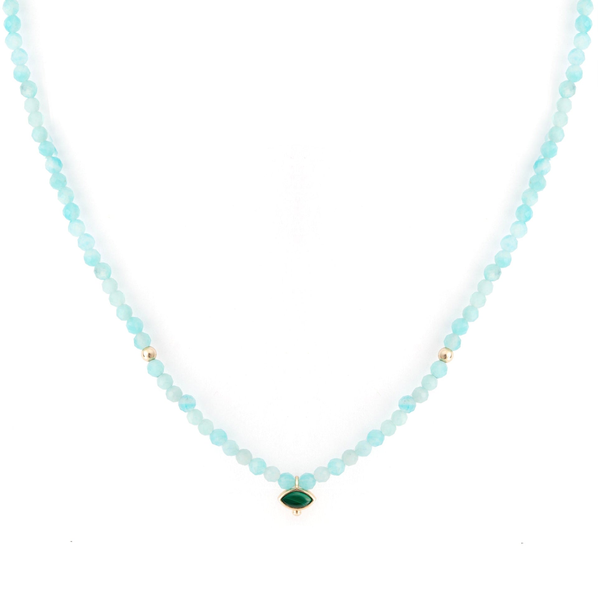 Amazonite & Malachite Eye Beaded Necklace 9K Gold
