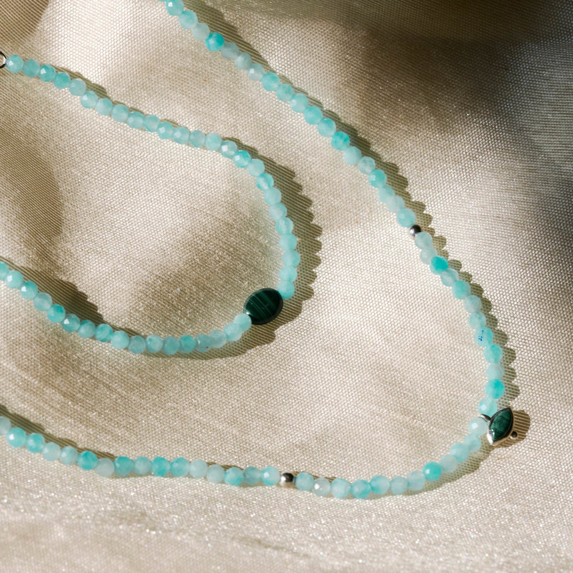 Amazonite & Malachite Eye Beaded Necklace Sterling Silver