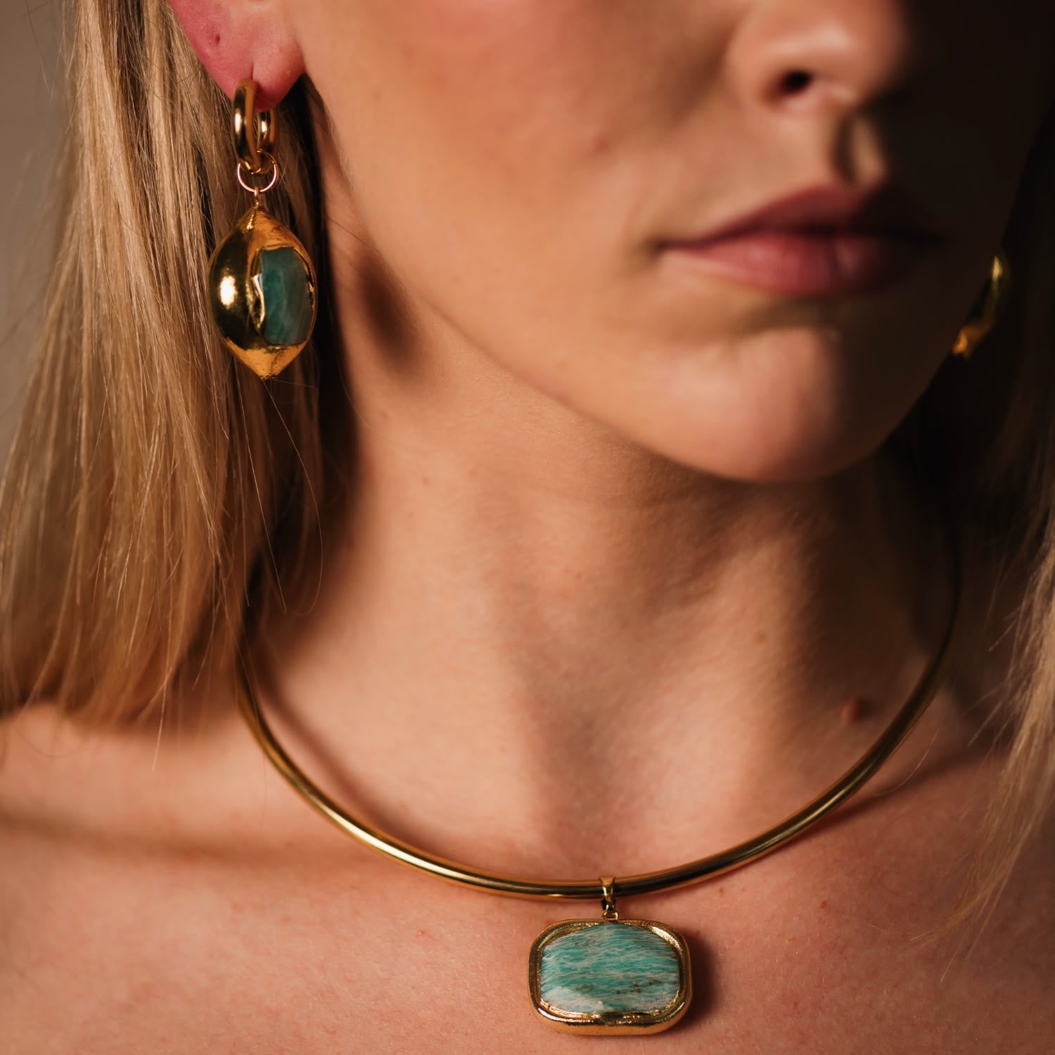 Amazonite Blue Natural Gemstone Dangle Gold Hoop Earrings