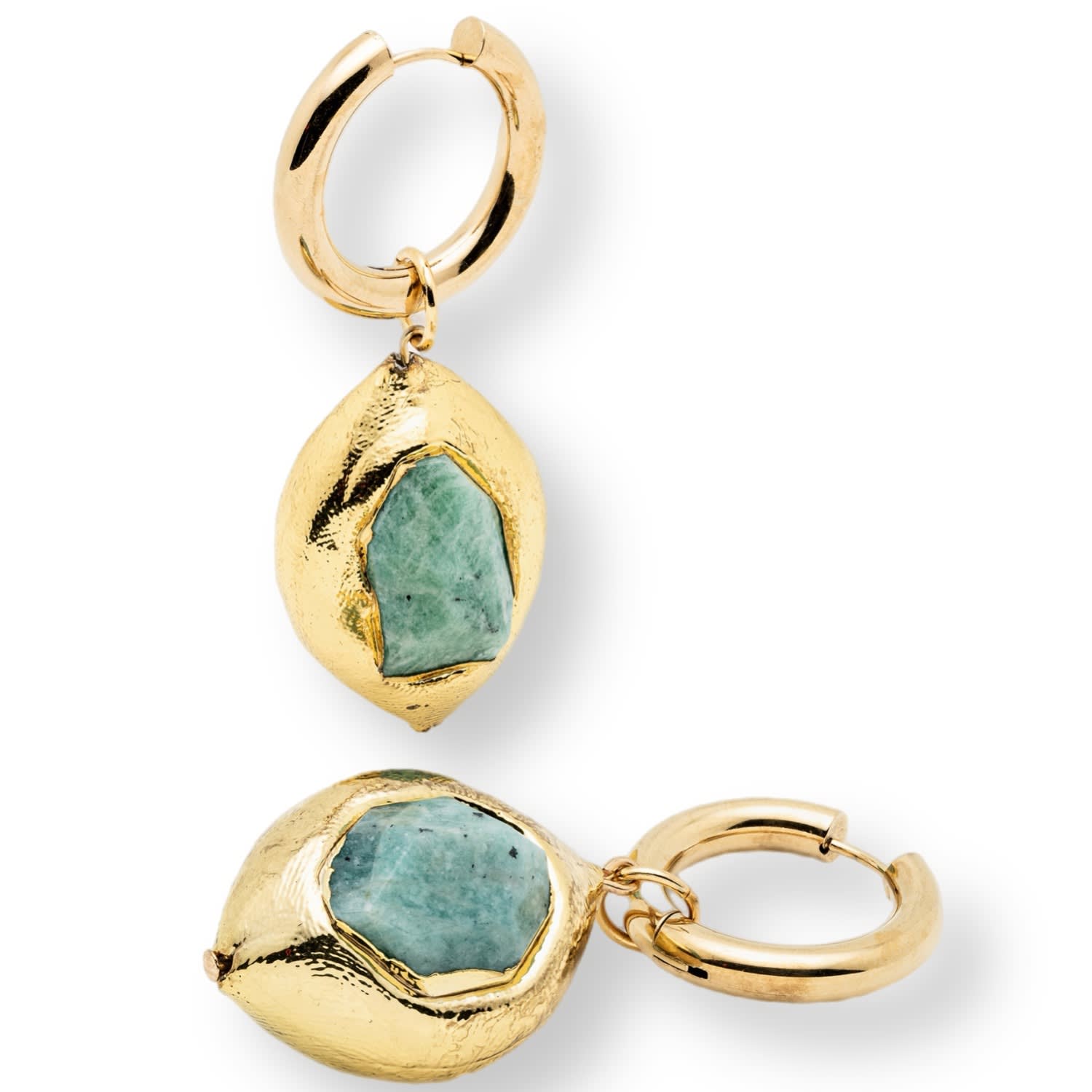 Amazonite Blue Natural Gemstone Dangle Gold Hoop Earrings