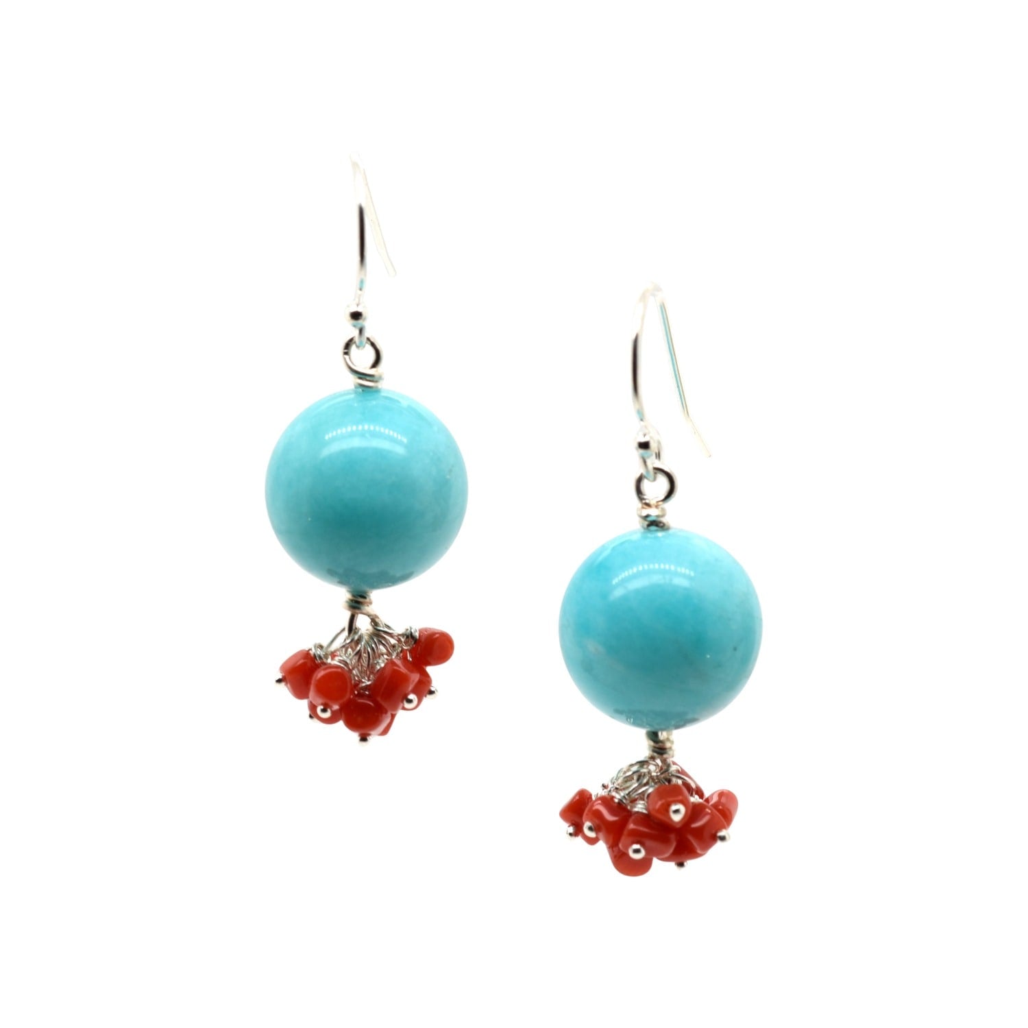 Amazonite Rounds With Coral Silver Earrings