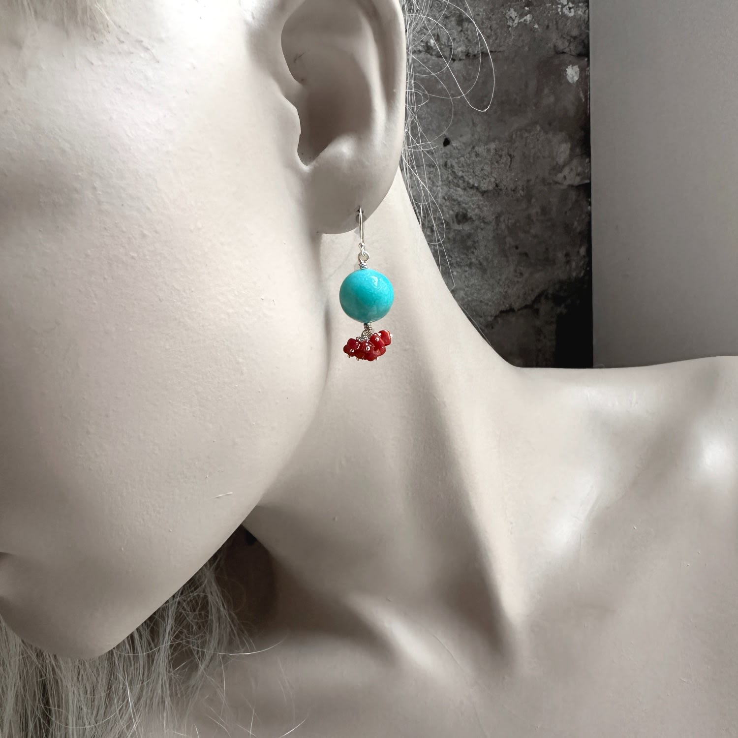 Amazonite Rounds With Coral Silver Earrings