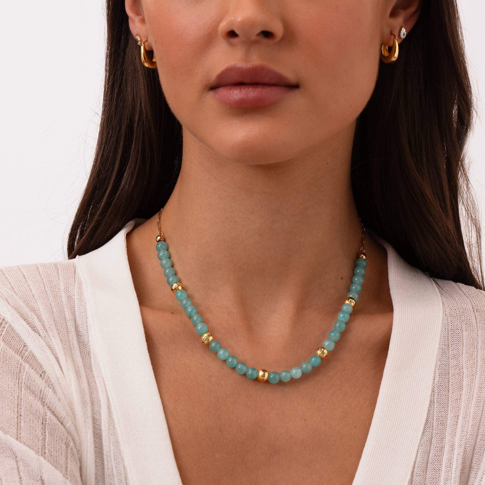 Amazonite Semi-Precious Balance Bead Necklace in 18K Gold Plating