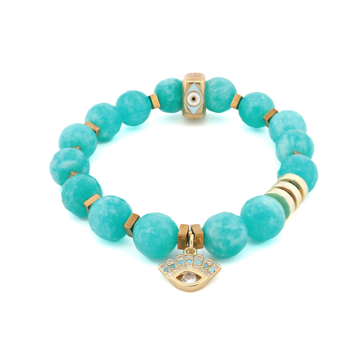 Amazonite Stone Diamond Evil Eye Charm Beaded Bracelet - Blue