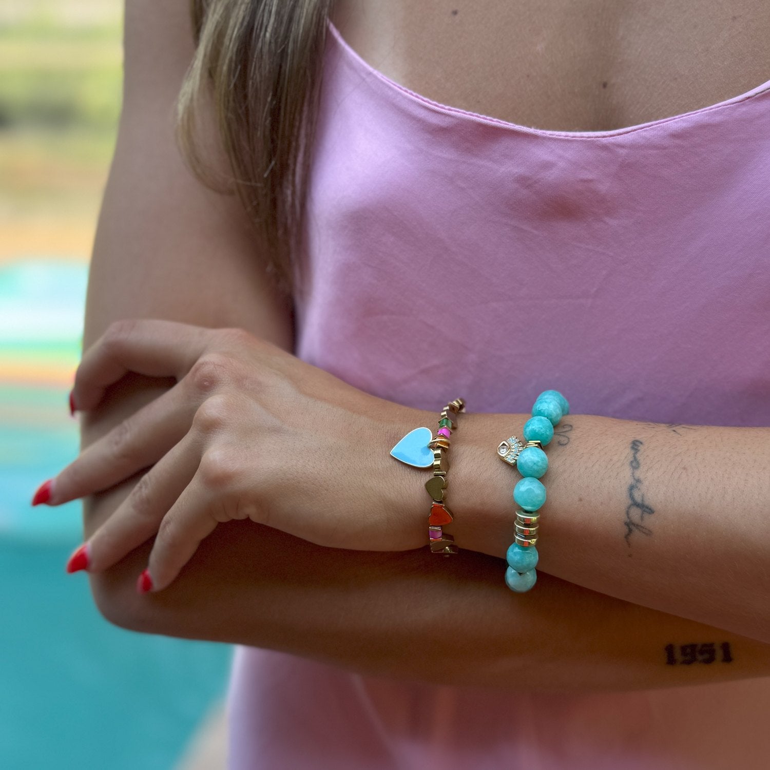 Amazonite Stone Diamond Evil Eye Charm Beaded Bracelet - Blue