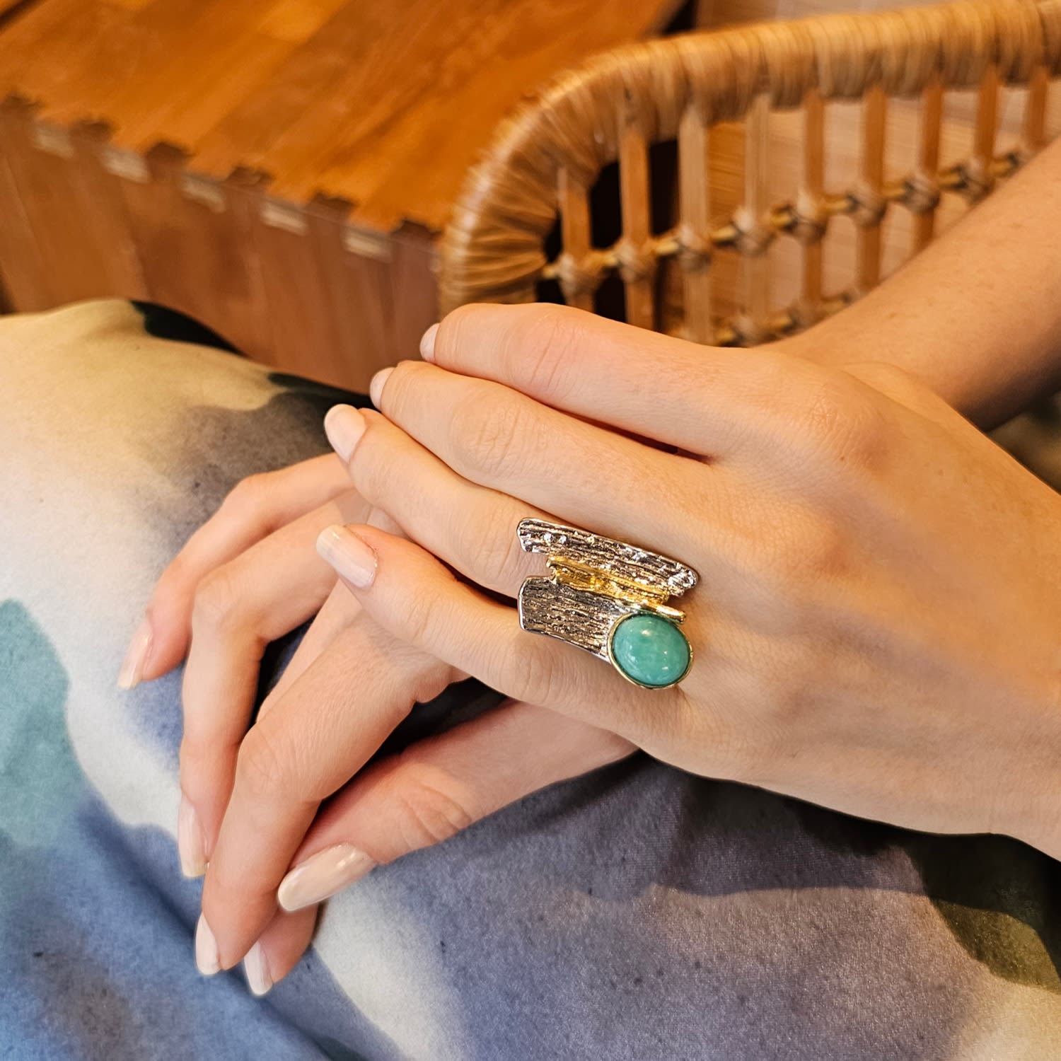 Amazonite Stone Setting Platinum Statement Ring