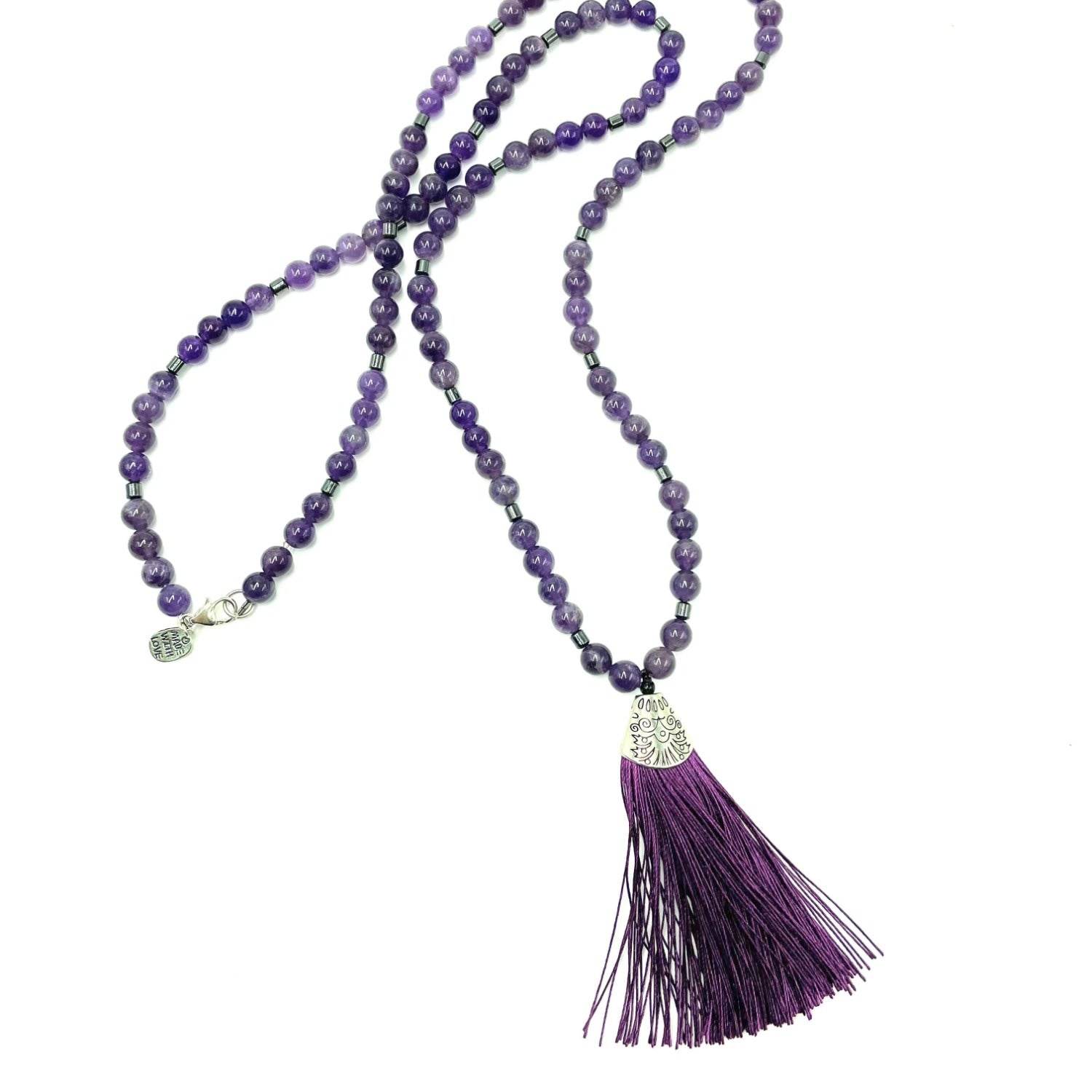 Amelia Amethyst Hematite Mala Tassel Necklace