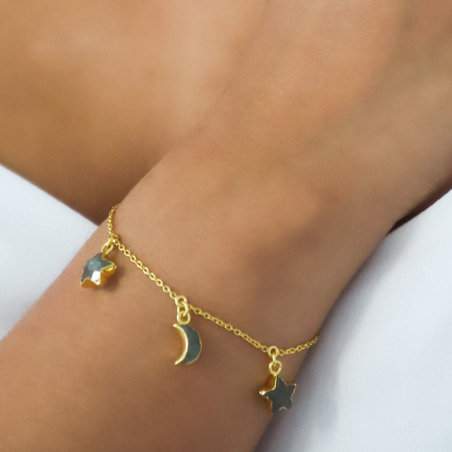 Amelia Aventurine Star & Moon Charm Bracelet | Gold Plated