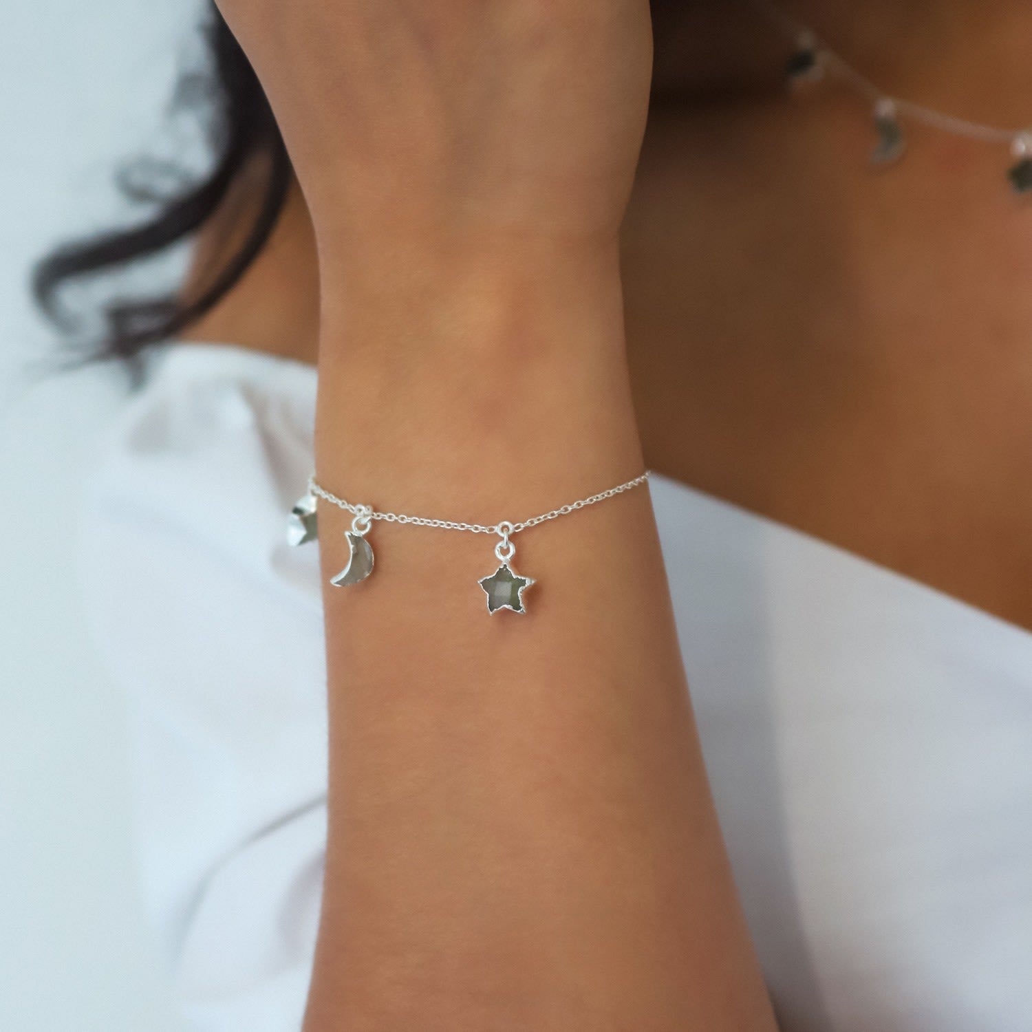 Amelia Aventurine Star & Moon Charm Bracelet | Sterling Silver