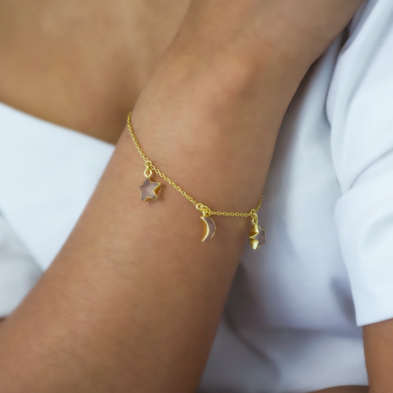 Amelia Rose Quartz Star & Moon Charm Bracelet | Gold Plated