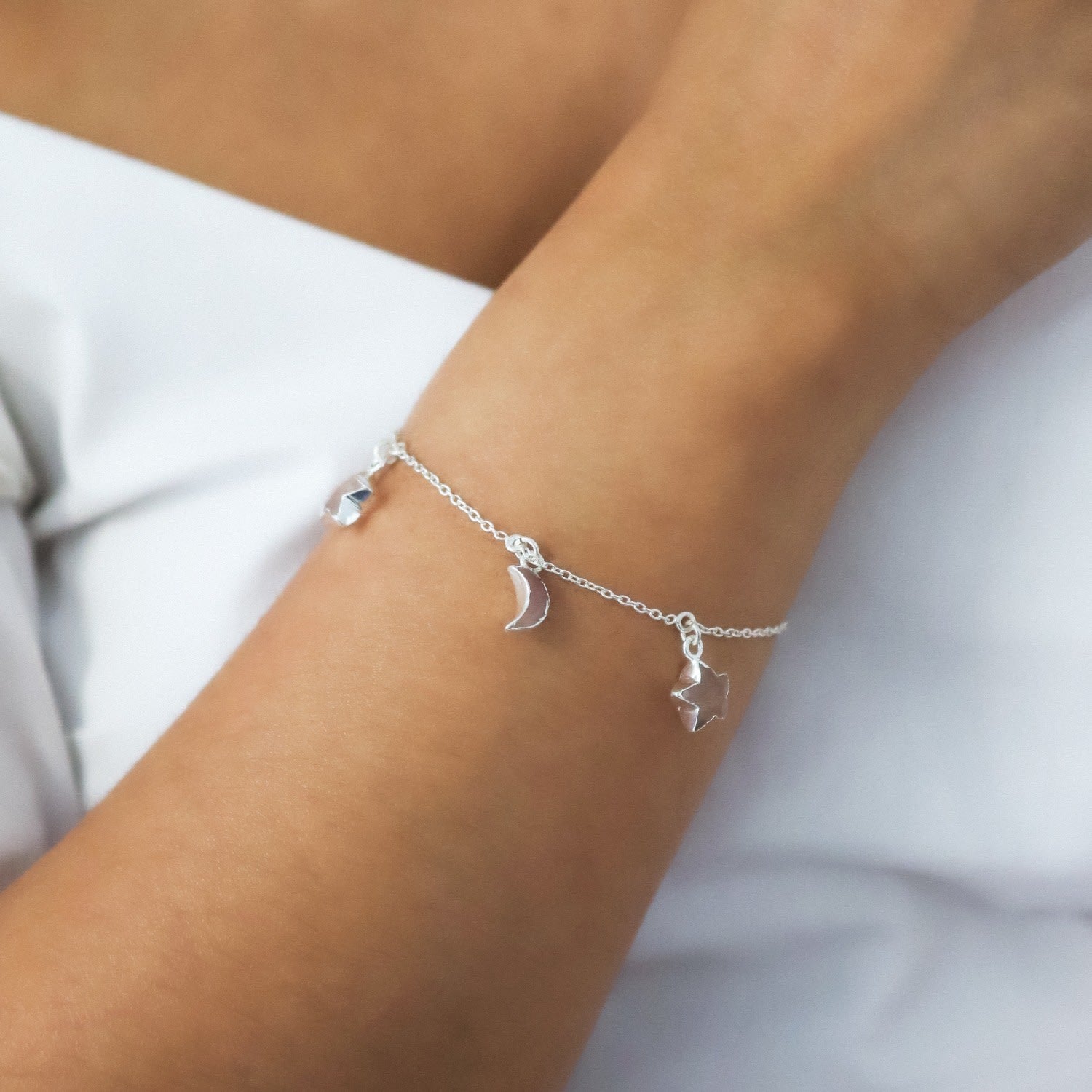 Amelia Rose Quartz Star & Moon Charm Bracelet | Sterling Silver