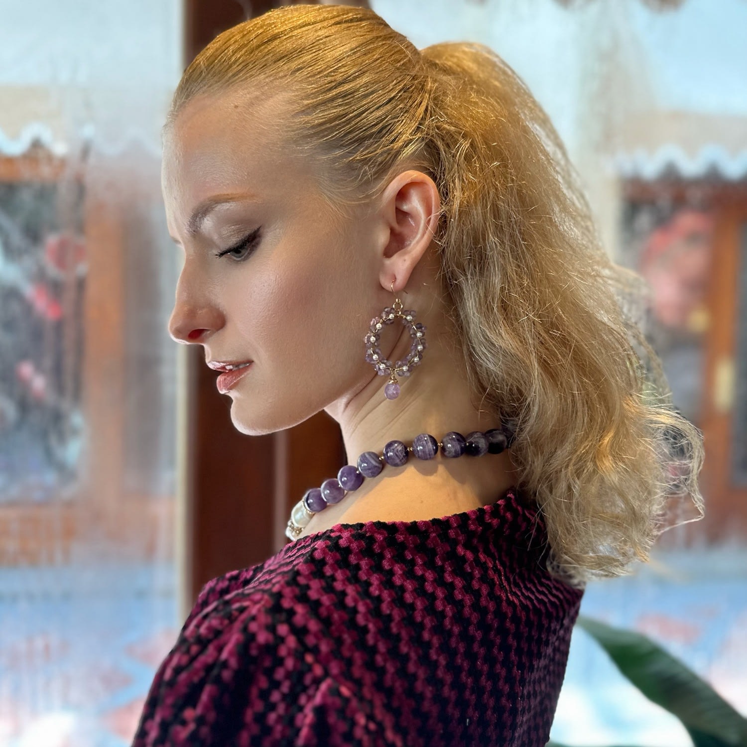 Amethyst And Freshwater Handcrafted Flower Hoop Earrings