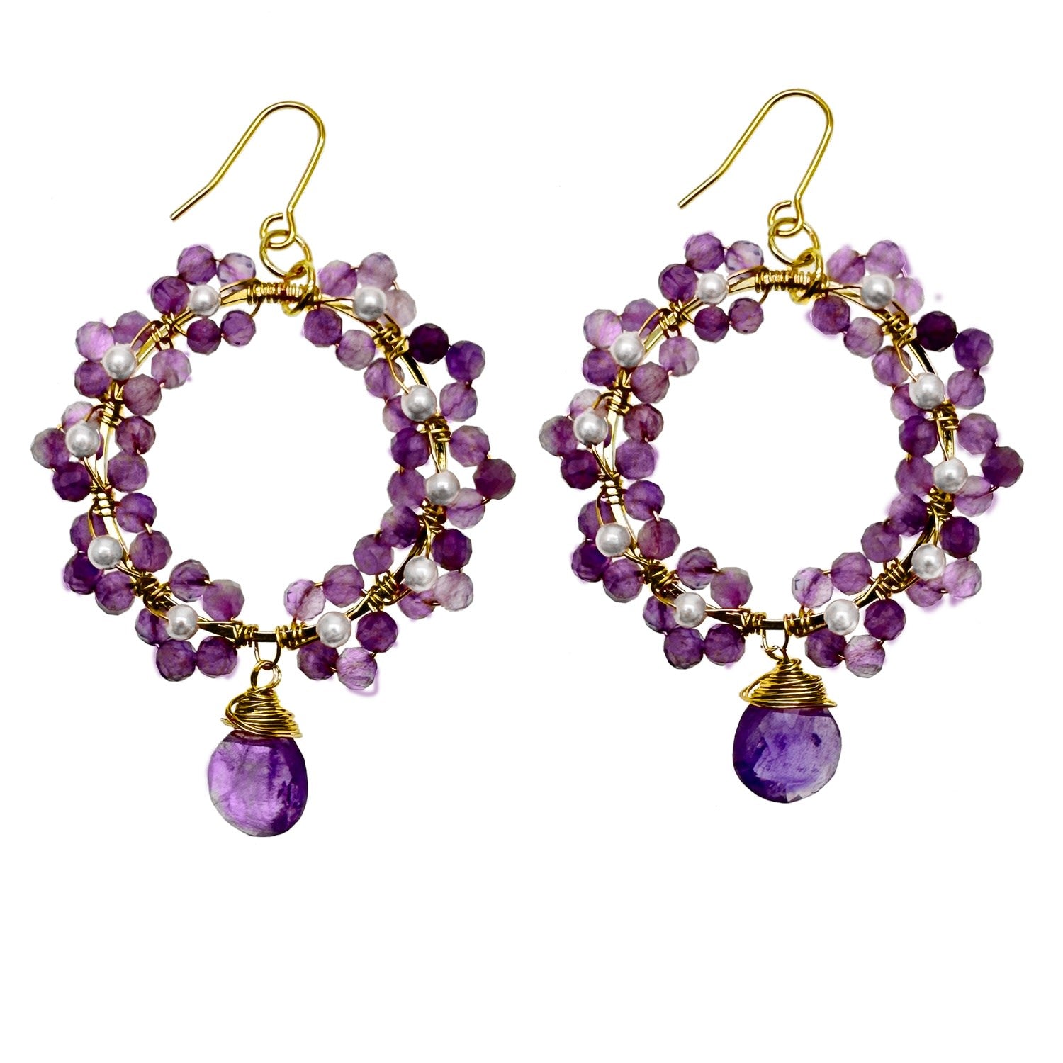 Amethyst And Freshwater Handcrafted Flower Hoop Earrings