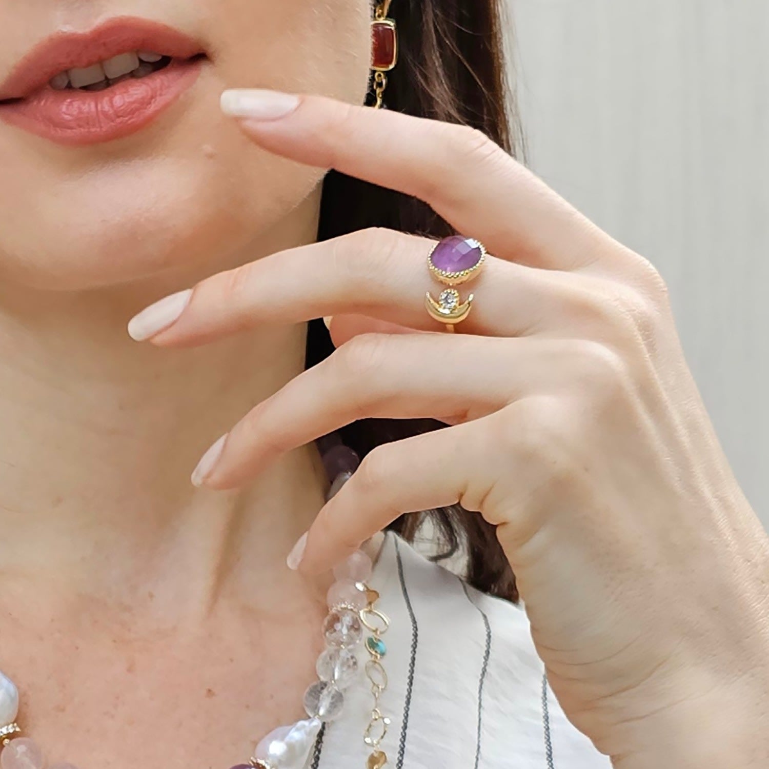 Amethyst And Zircon Adjustable Open Ring