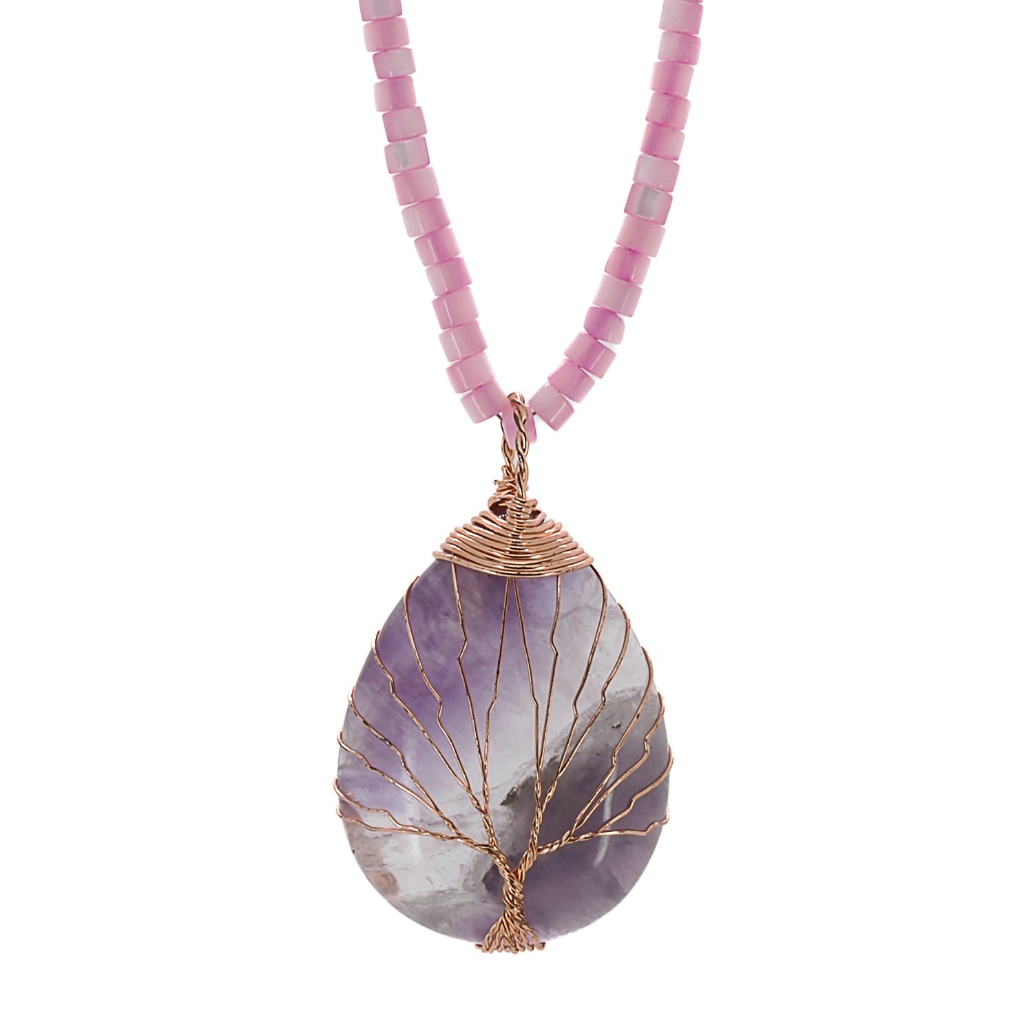 Healing Amethyst Pendant Pearl Chain Beaded Necklace