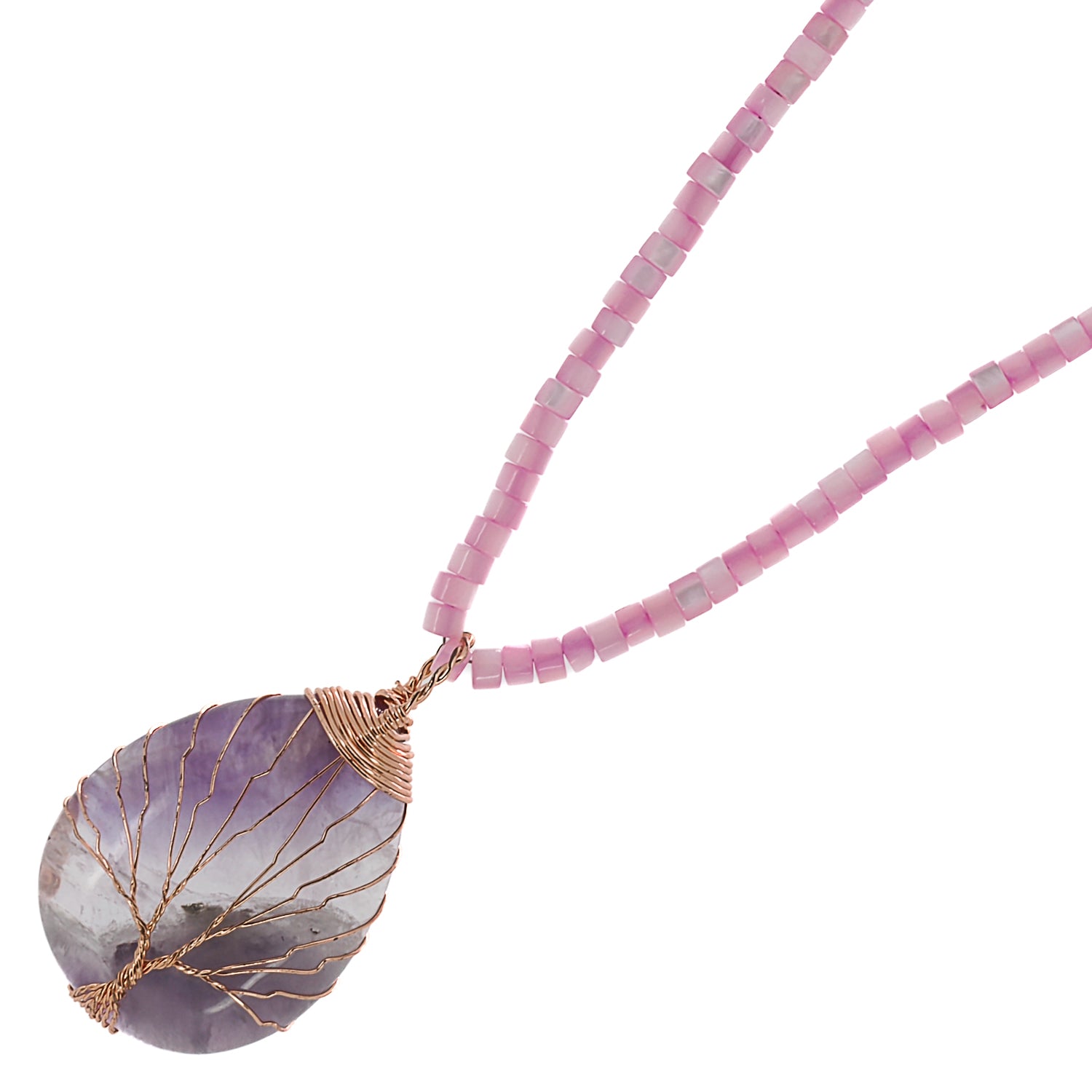 Healing Amethyst Pendant Pearl Chain Beaded Necklace