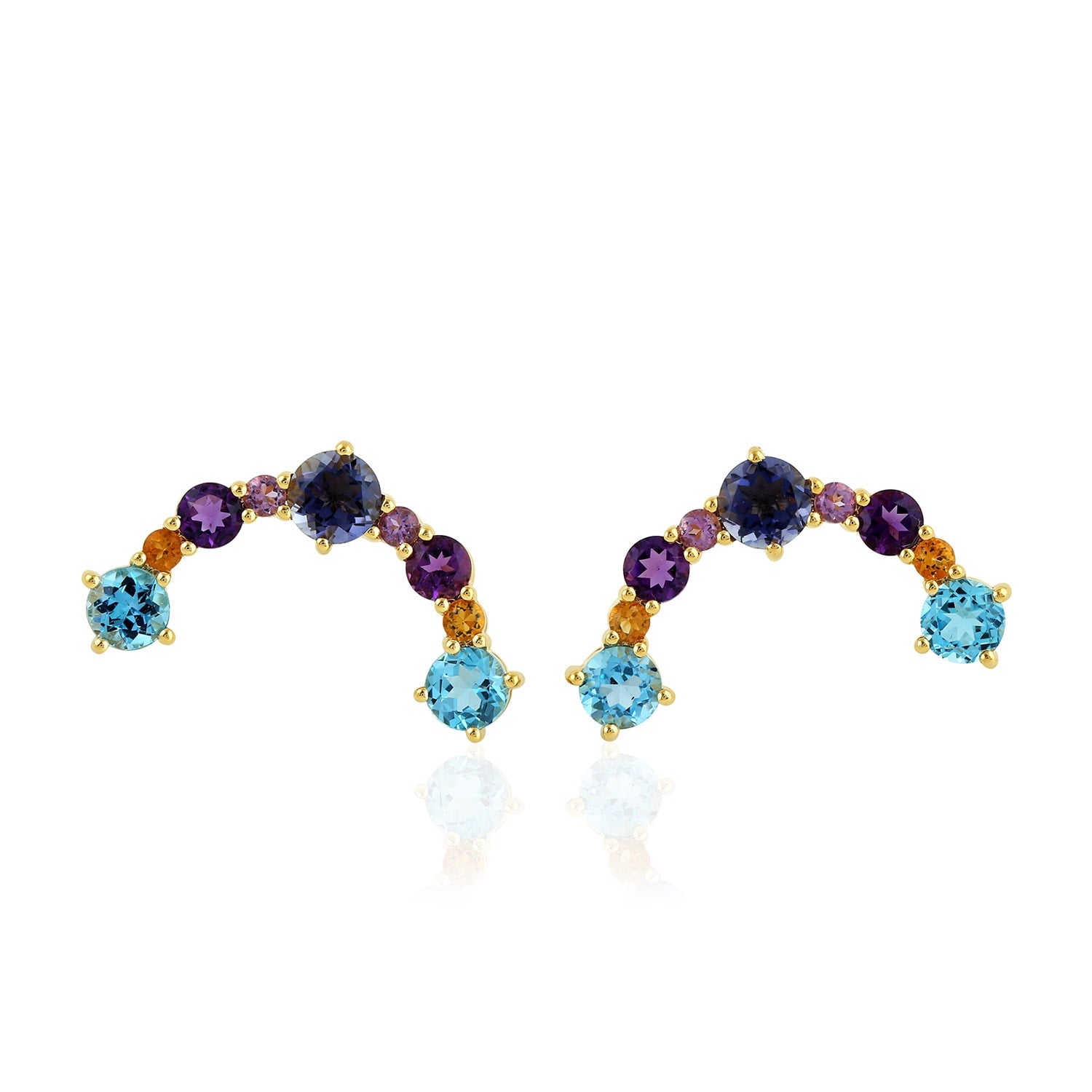 Amethyst & Iolite Crescent Stud Earrings In Gold – Multi-Gemstone Design