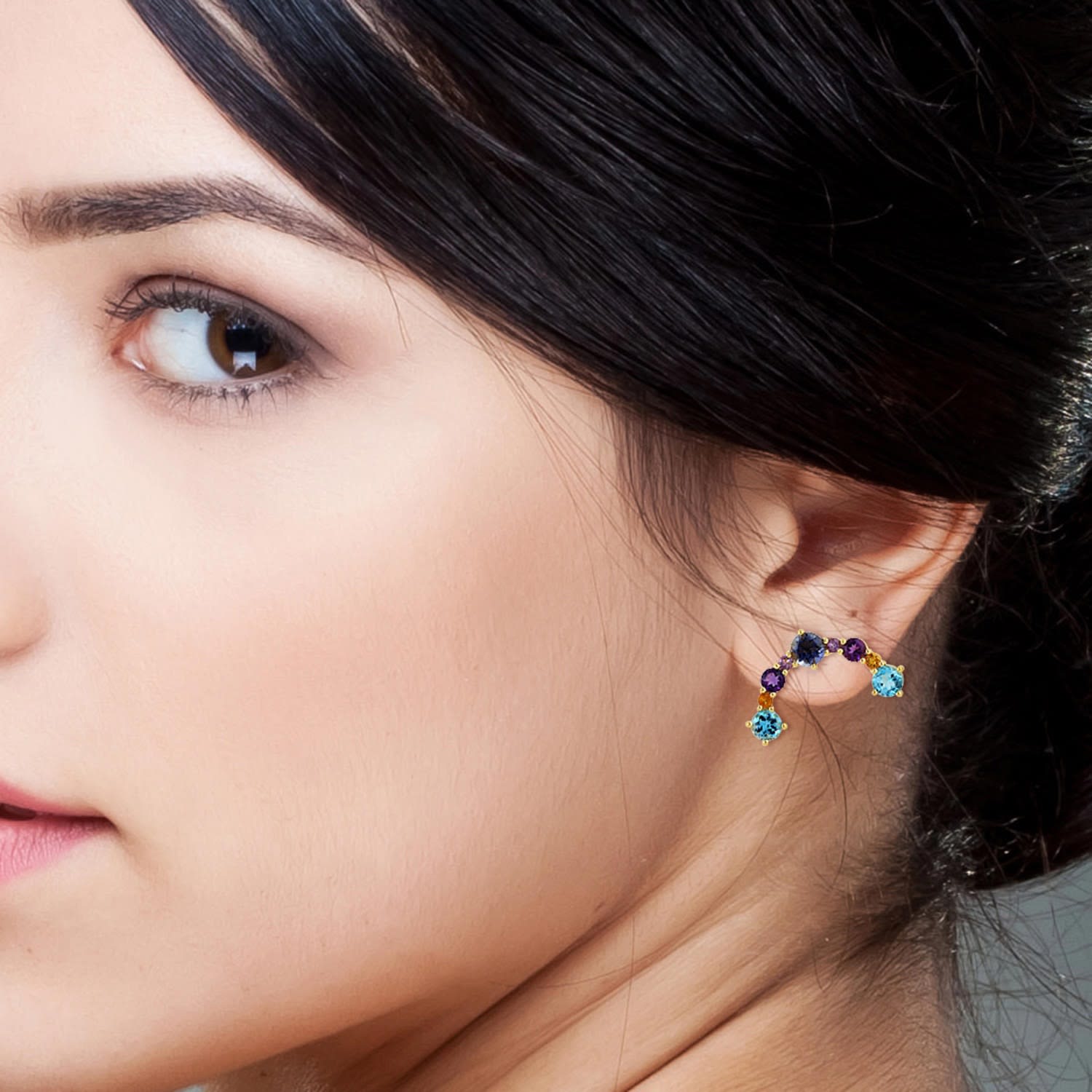 Amethyst & Iolite Crescent Stud Earrings In Gold – Multi-Gemstone Design
