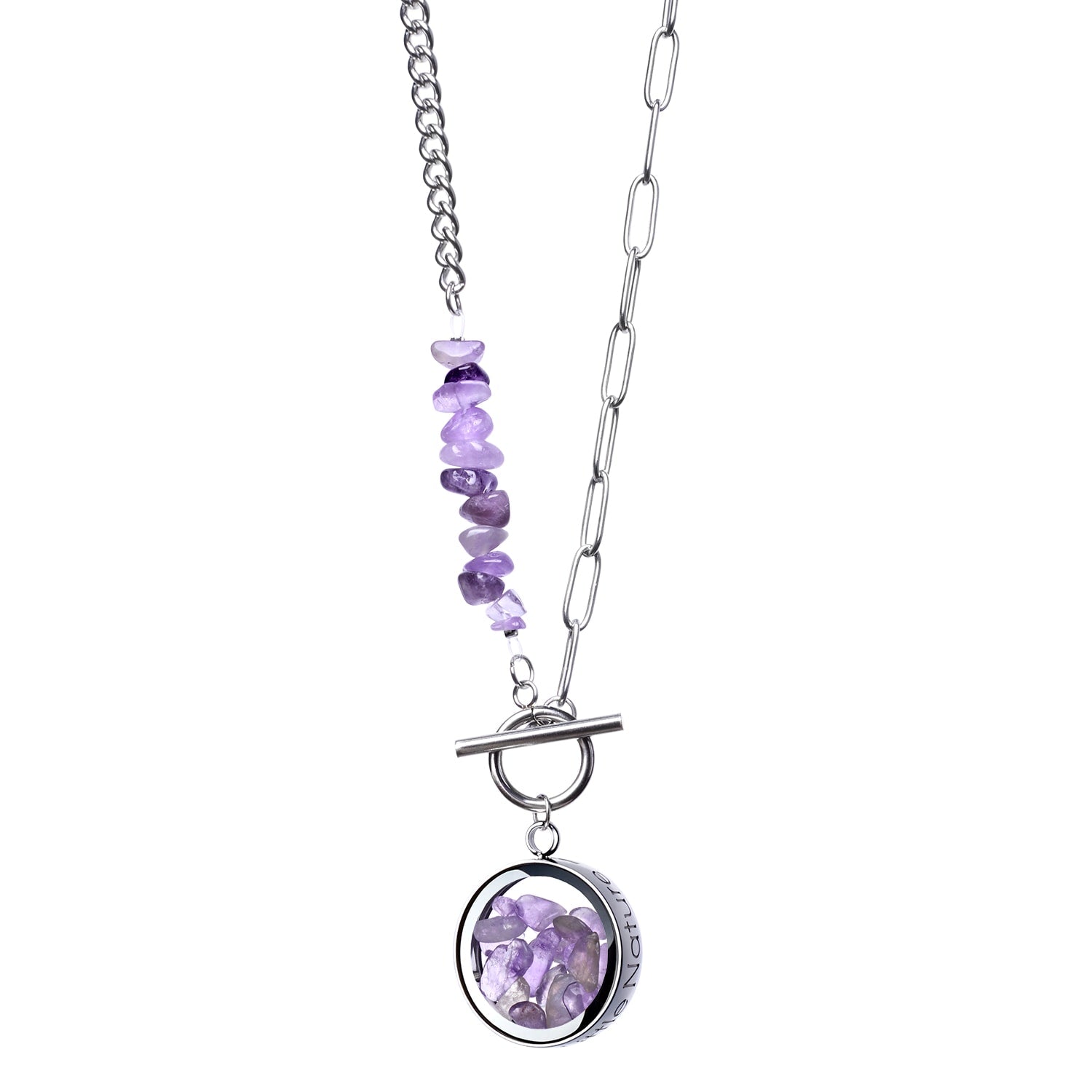 Amethyst Necklace With Beaded Amethyst Chain Charm And Toggle Clasp – Natural Gemstone Jewelry, Birthstone Necklace