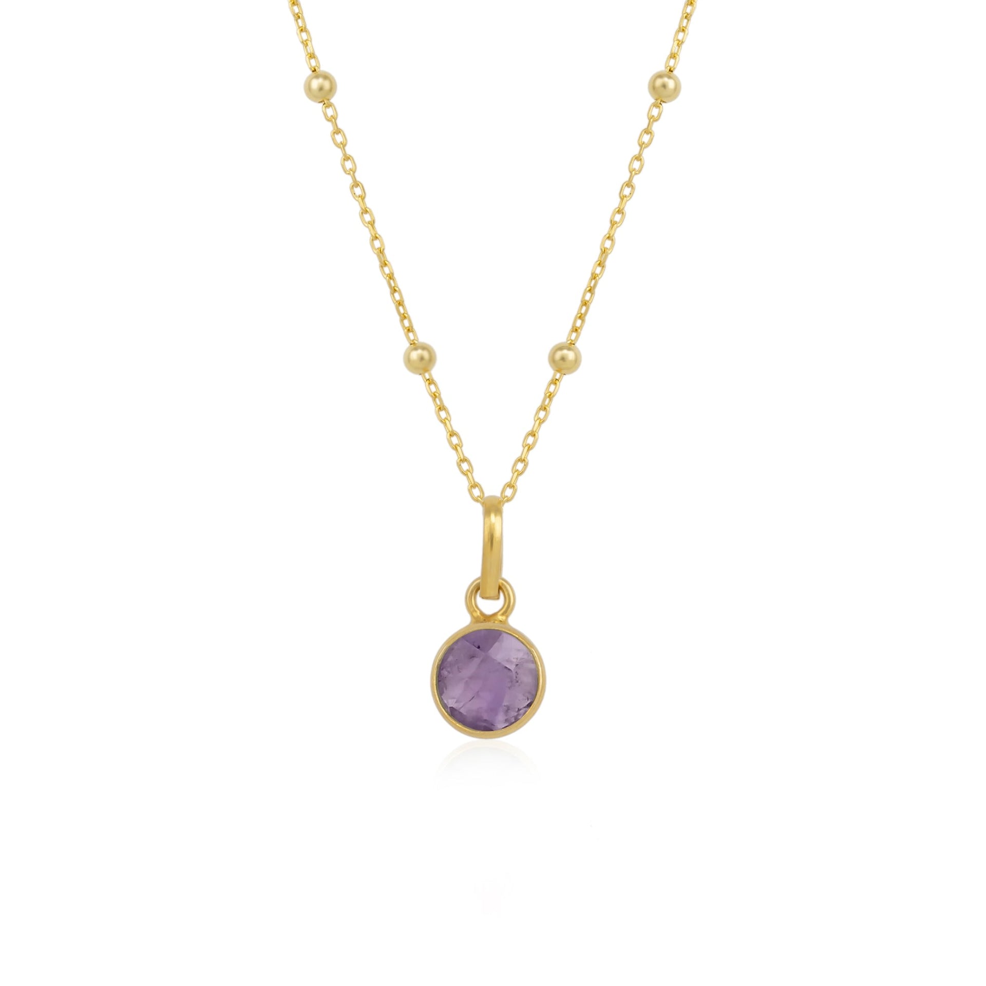 Amethyst Round Pendant Necklace With Beaded Chain In Sterling Silver