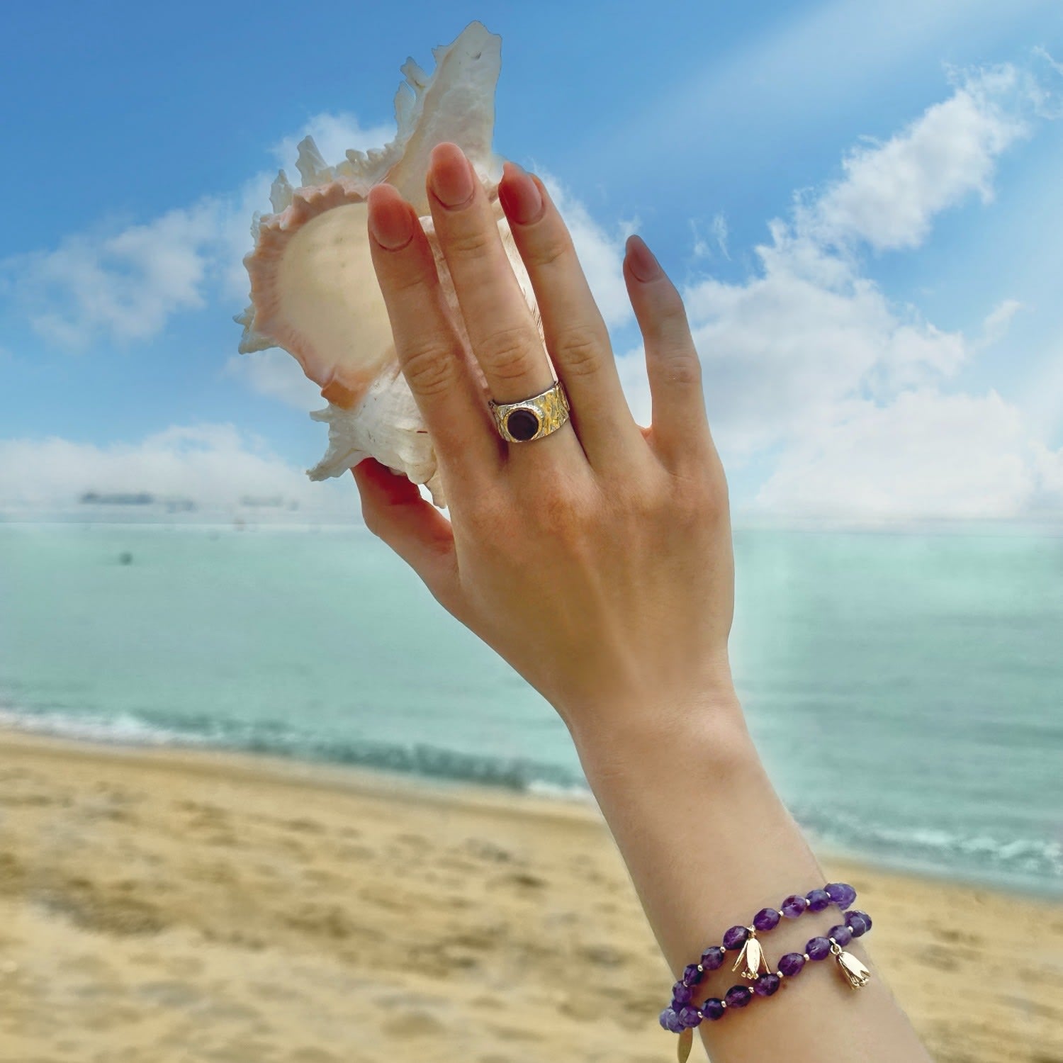 Amethyst Stone Platinum Plated Brass Adjustable Ring
