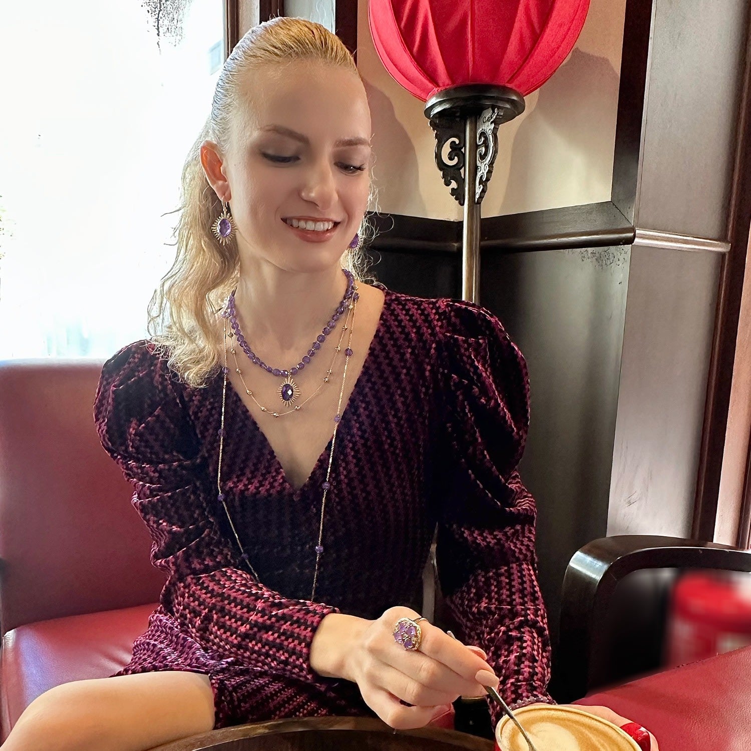 Amethyst Stones With Pendant Double Layers Necklace