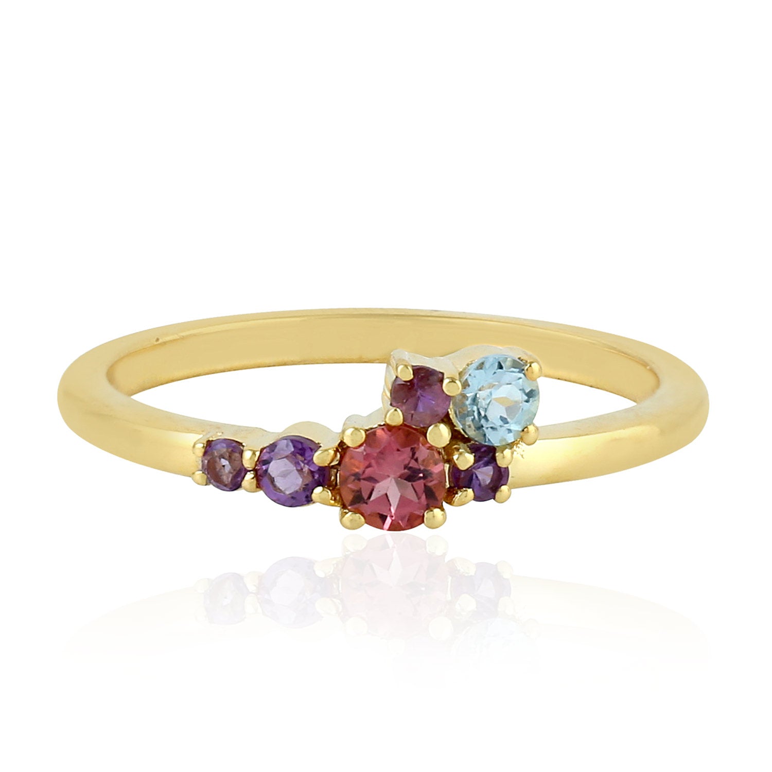 Amethyst & Tourmaline Blue Topaz Gemstone Band Ring In Yellow Gold