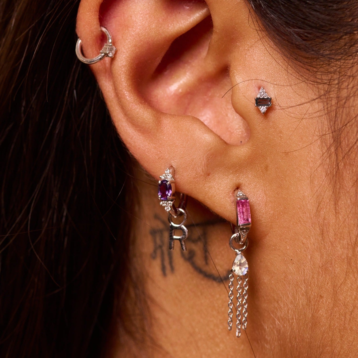 Amethyst & White Sapphire Huggie Hoop Earring Sterling Silver