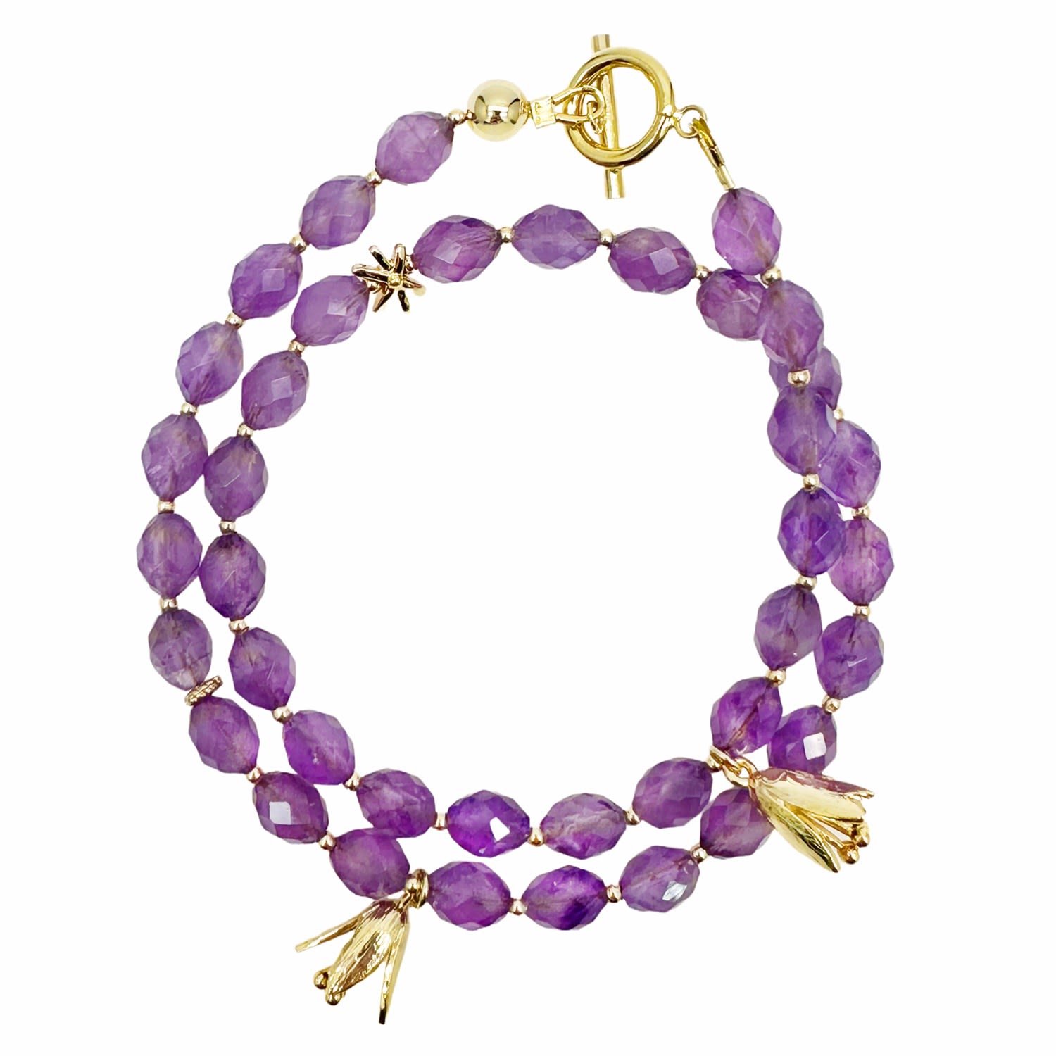 Amethyst With Flower Charms Double Layers Bracelet Or Choker