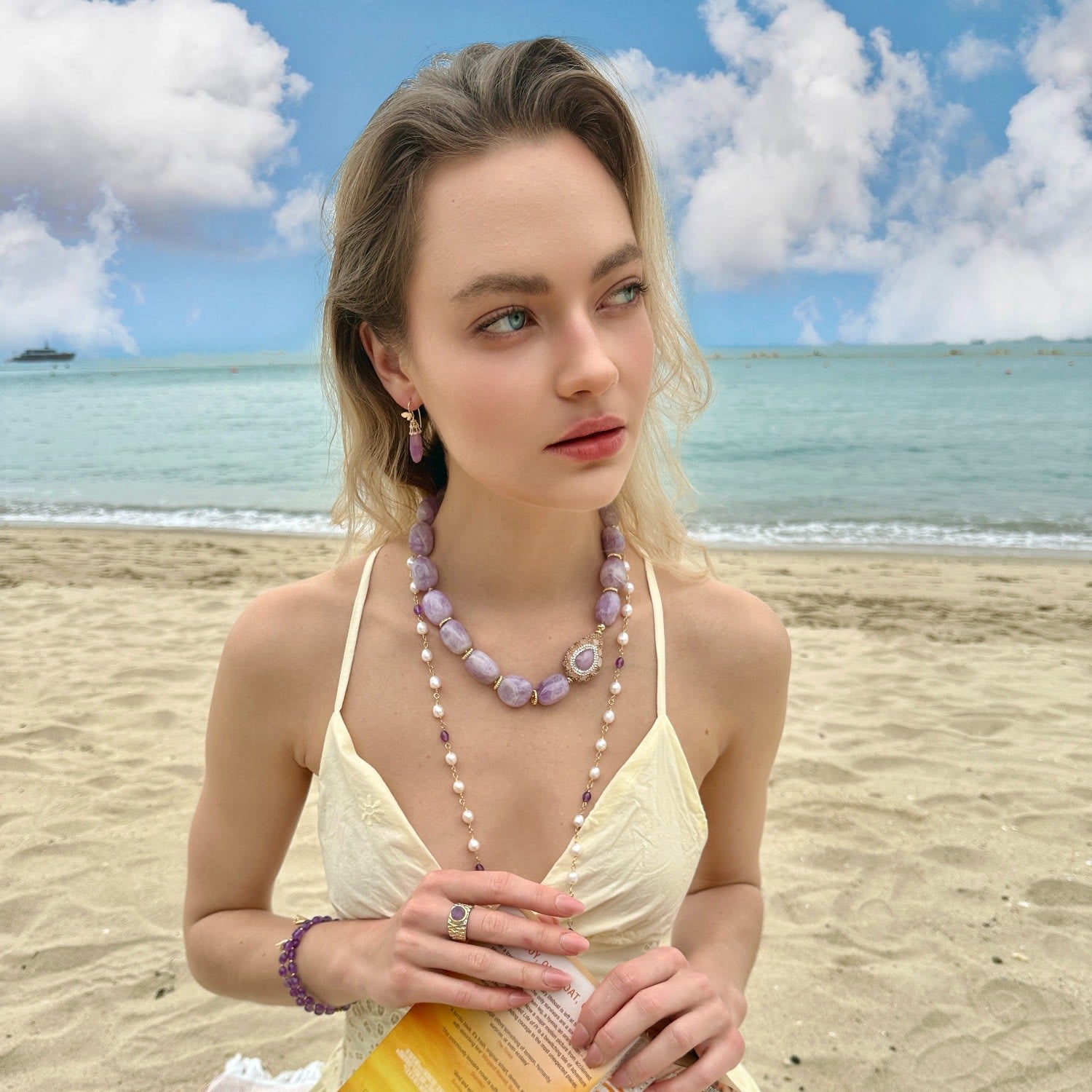 Amethyst With Rhinestone Chunky Statement Necklace