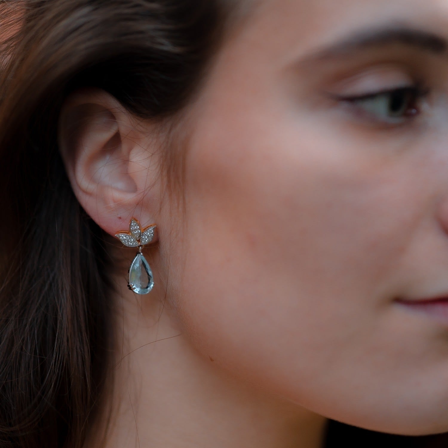Aquamarine Drops & Lotus Diamond Earrings In Yellow & White Gold