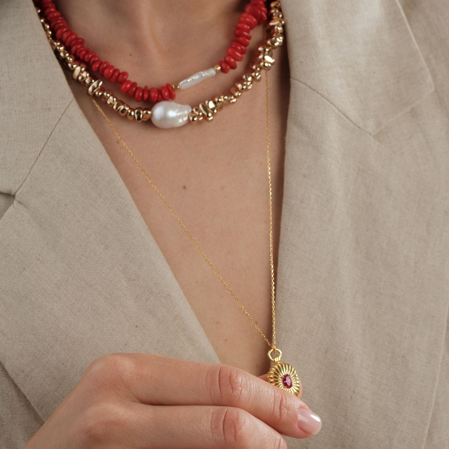 Amorphous Baroque Pearl Red Coral Necklace