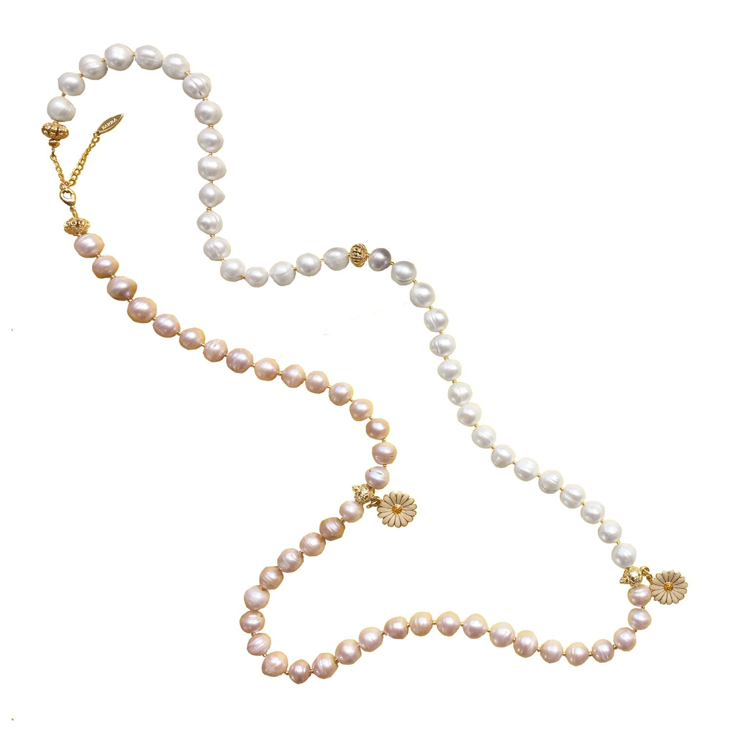 White & Orange Freshwater Pearls With Flower Summer Necklace