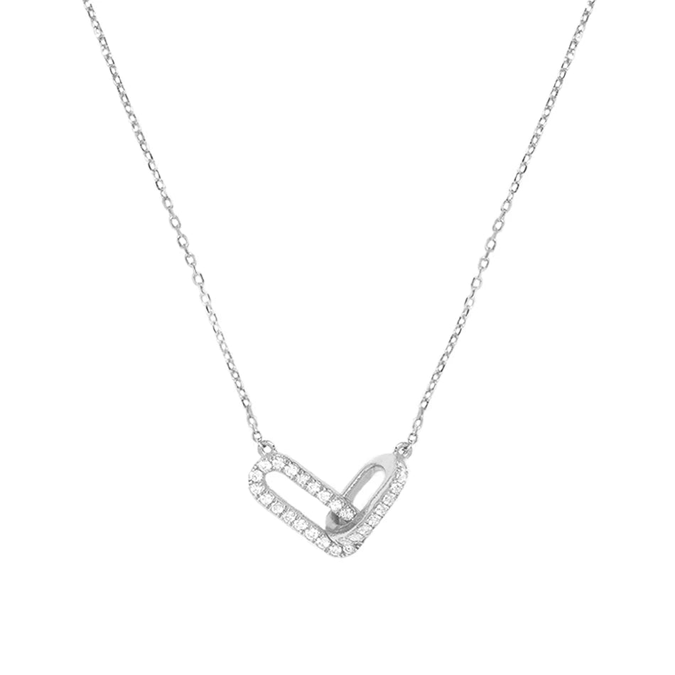 Silver Pave Cable Double Linked Pendant Necklace